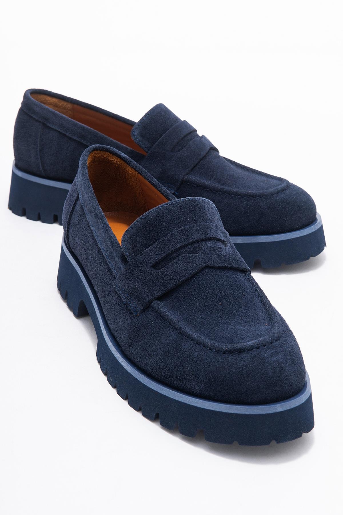 Vionel - Navy Suede Genuine Leather Loafer – front three-quarter view showing leather, suede, Vowalisse