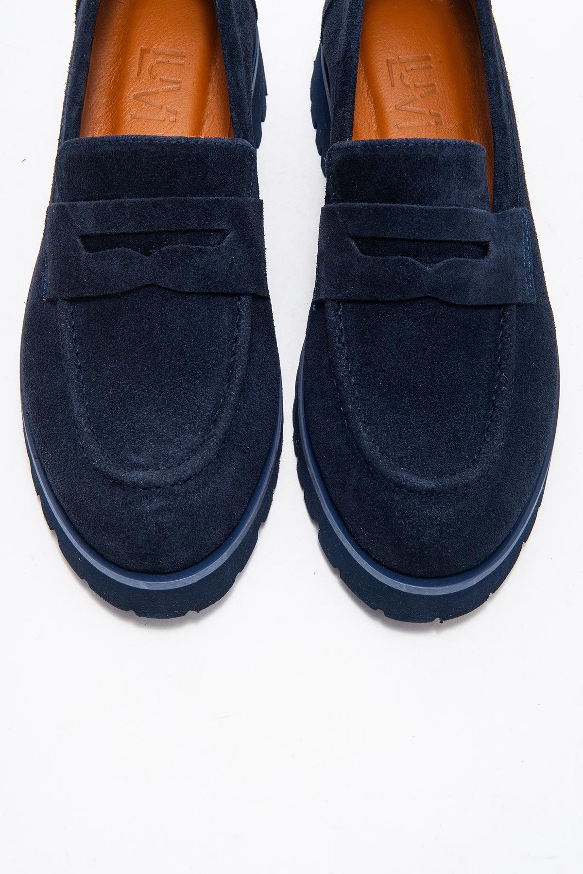 Vionel - Navy Suede Genuine Leather Loafer – side view showing leather, suede, Vowalisse