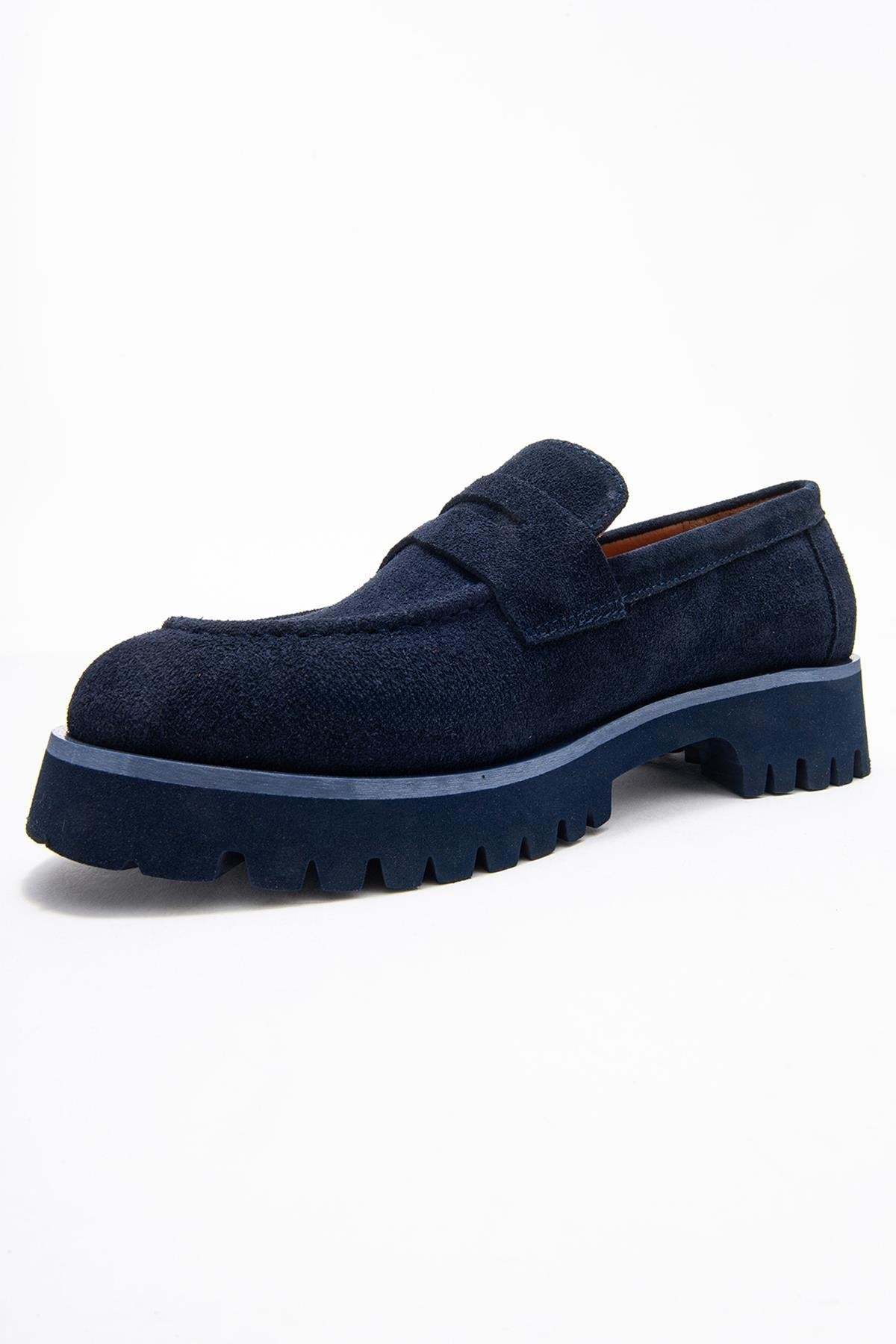 Vionel - Navy Suede Genuine Leather Loafer – heel view showing leather, suede, Vowalisse