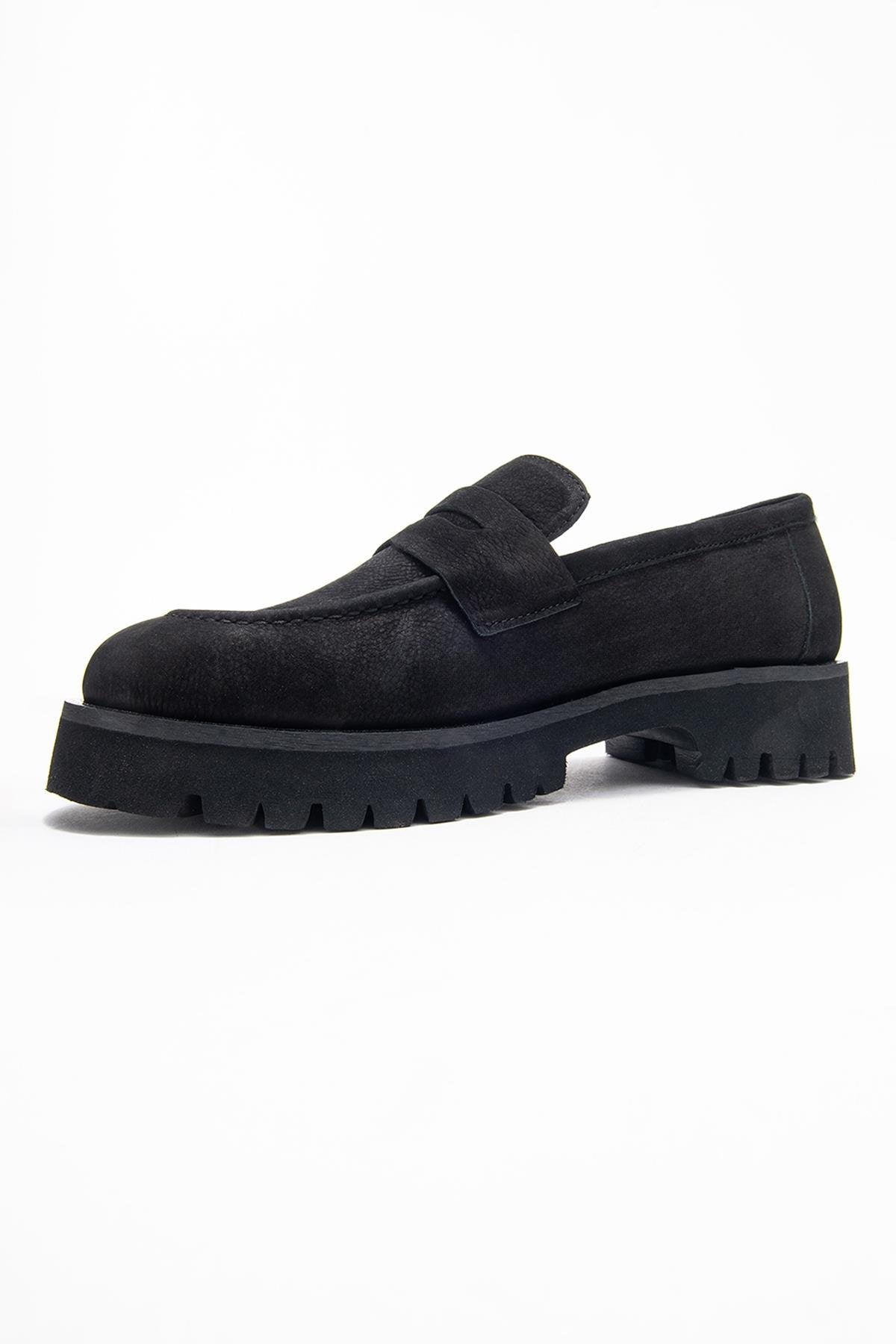 Vionel - Black Nubuck Genuine Leather Loafer – heel view showing leather, black, Vowalisse