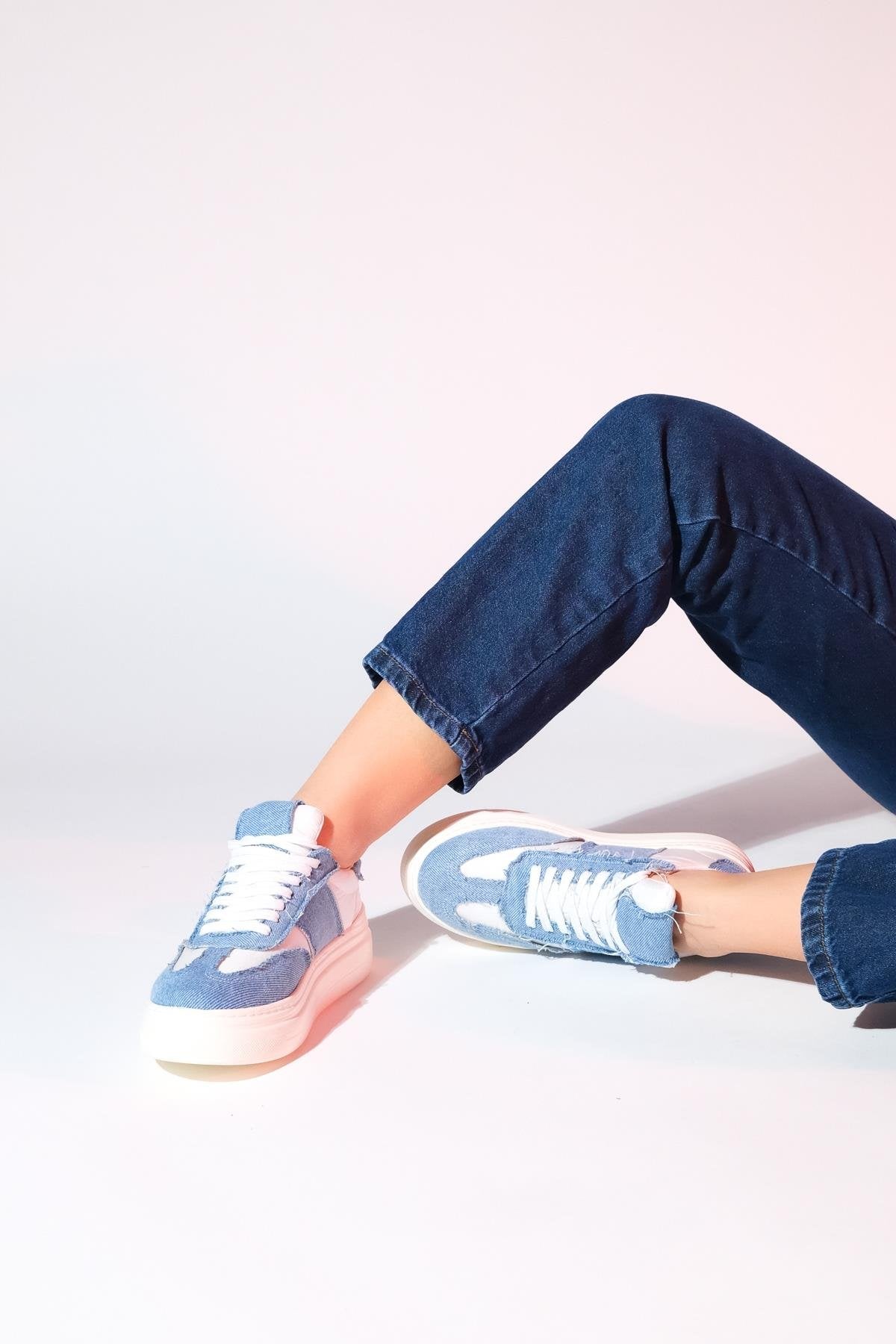 Jose - Blue Denim Sport Sneaker – detail view showing leather, blue, Vowalisse
