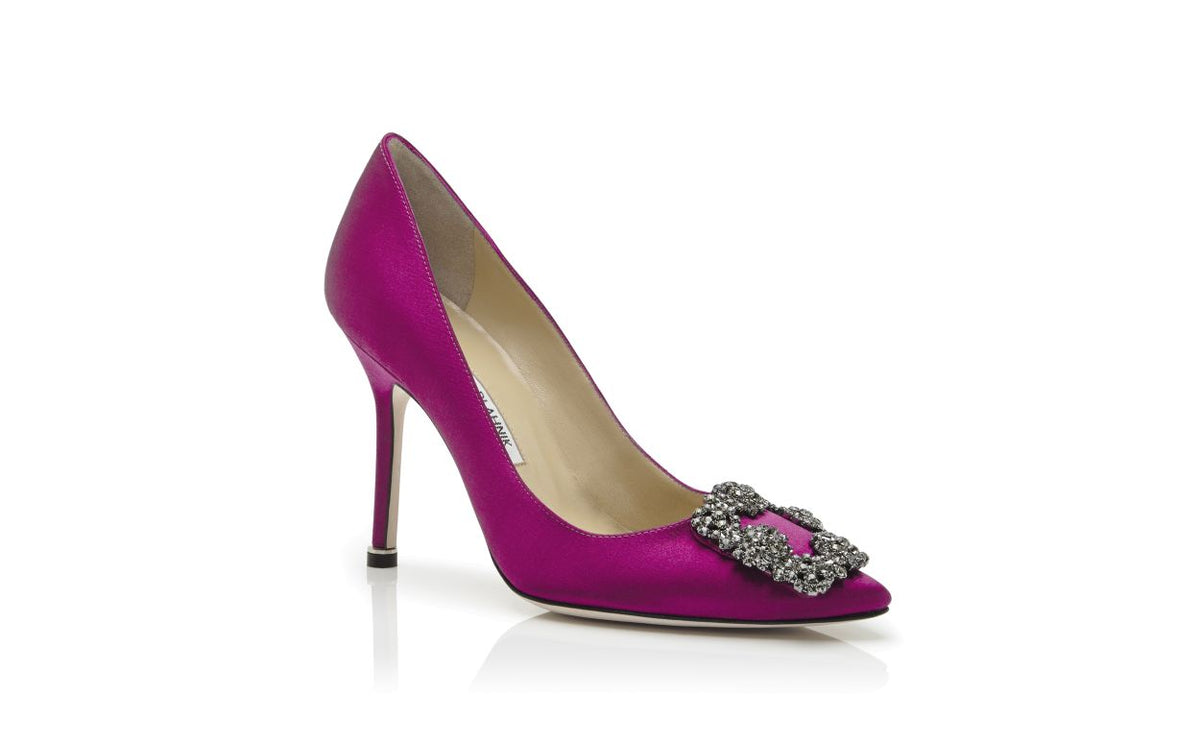 Clarisse Belle Pink Jewel Buckle Pumps – top view showing pink jewel buckle, crystal buckle, almond toe, satin, Vowalisse