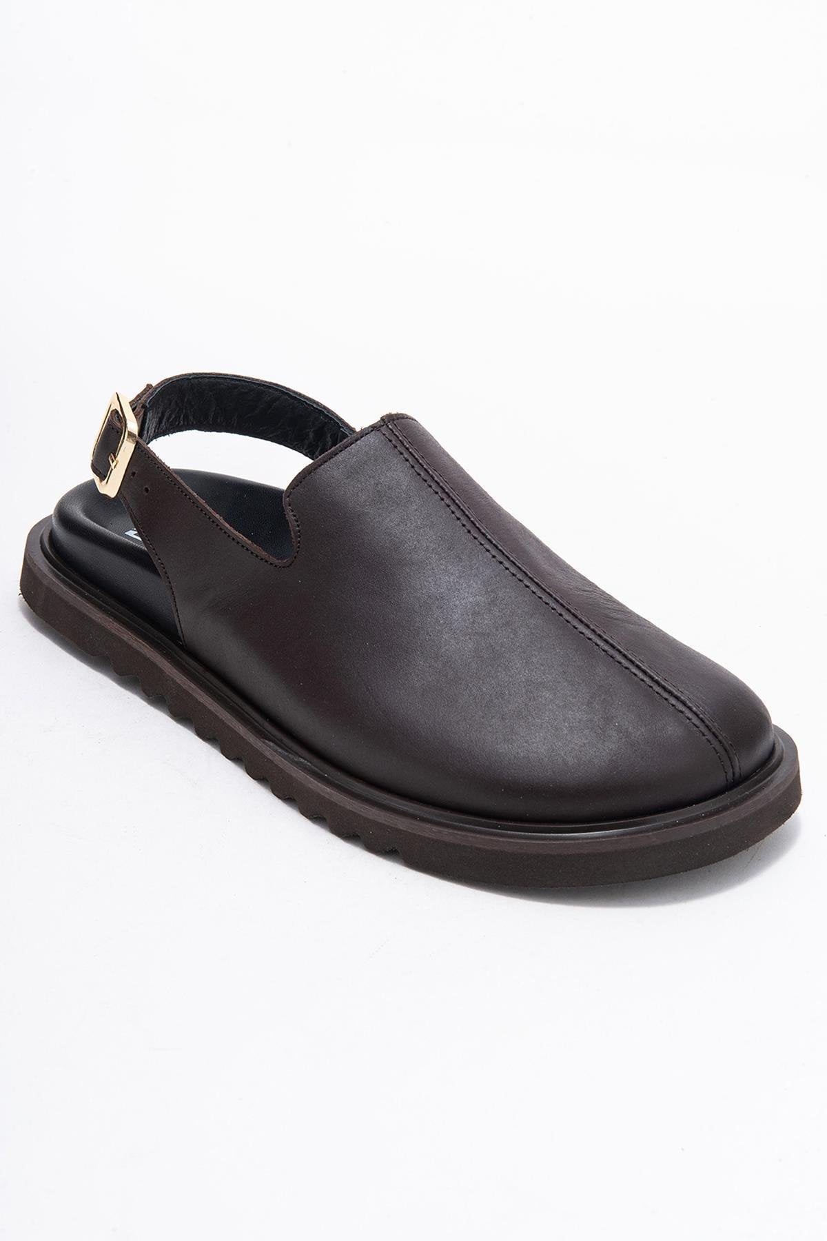 Laby - Brown Genuine Leather Sandal – detail view showing leather, Vowalisse