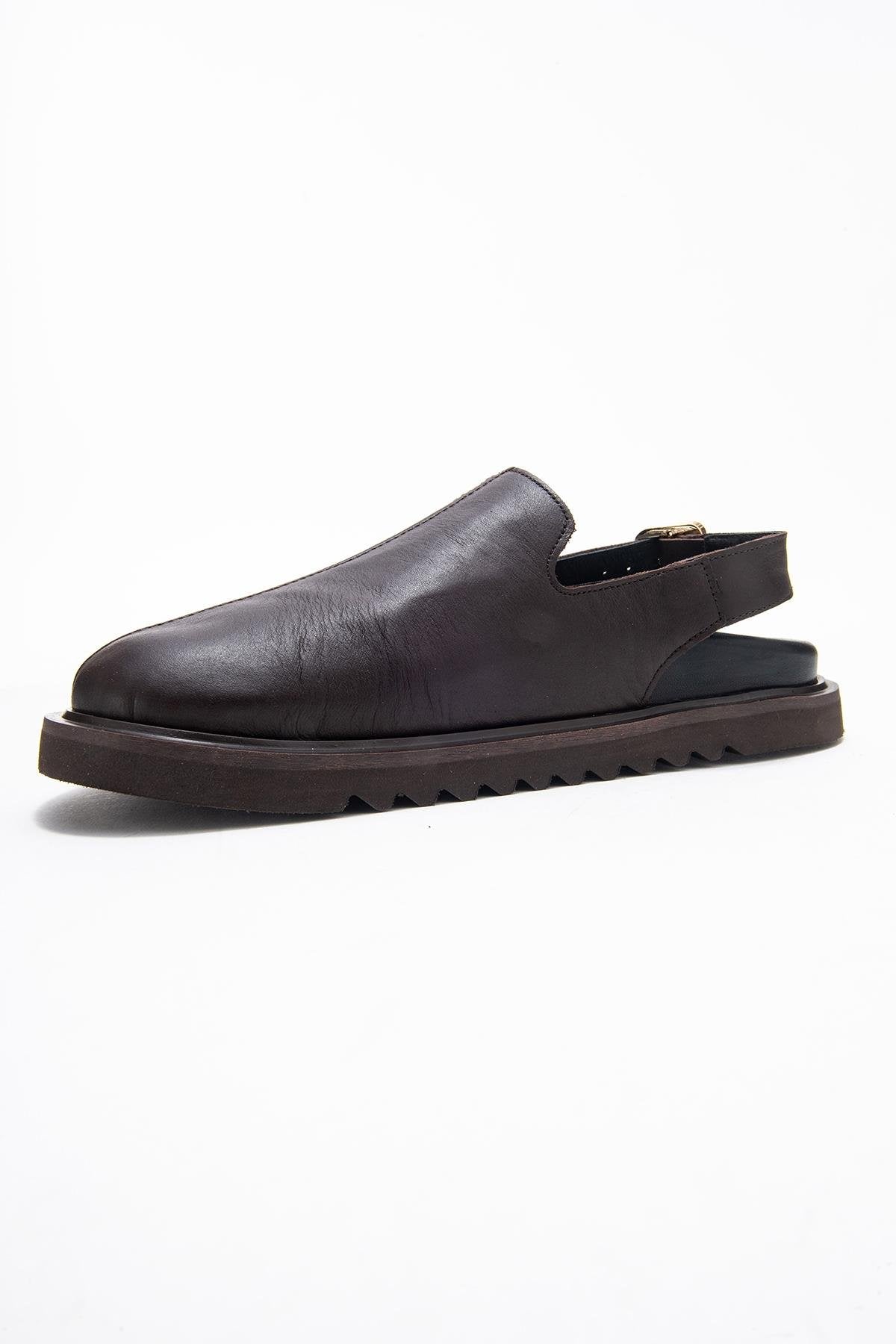 Laby - Brown Genuine Leather Sandal – heel view showing leather, Vowalisse
