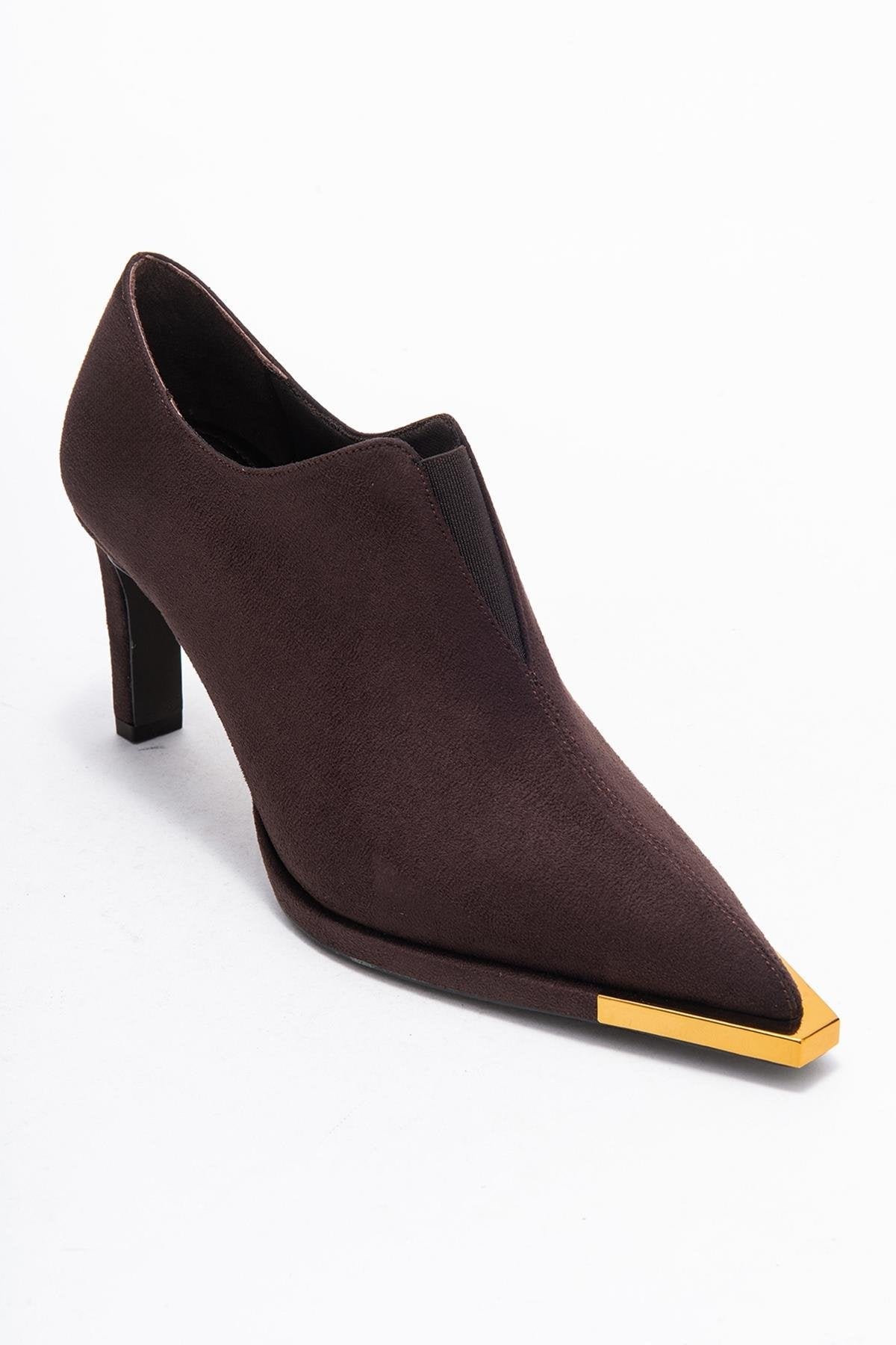 Niva - Brown Suede Gold-Detail Elastic Ankle-Heeled Shoe – detail view showing suede, gold, Vowalisse