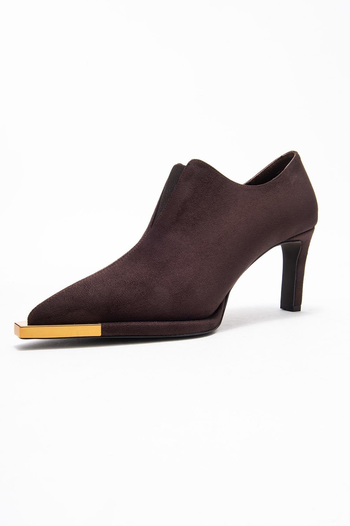 Niva - Brown Suede Gold-Detail Elastic Ankle-Heeled Shoe – heel view showing suede, gold, Vowalisse