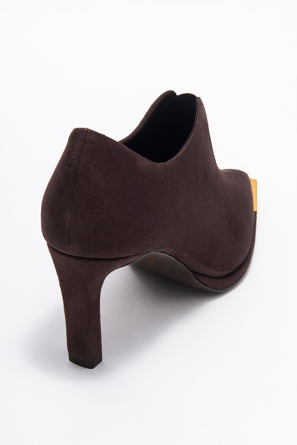 Niva - Brown Suede Gold-Detail Elastic Ankle-Heeled Shoe – back view showing suede, gold, Vowalisse