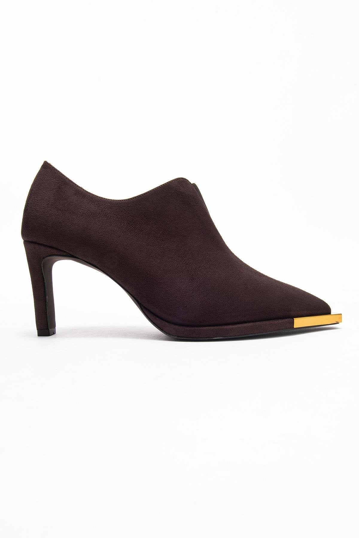 Niva - Brown Suede Gold-Detail Elastic Ankle-Heeled Shoe – top view showing suede, gold, Vowalisse