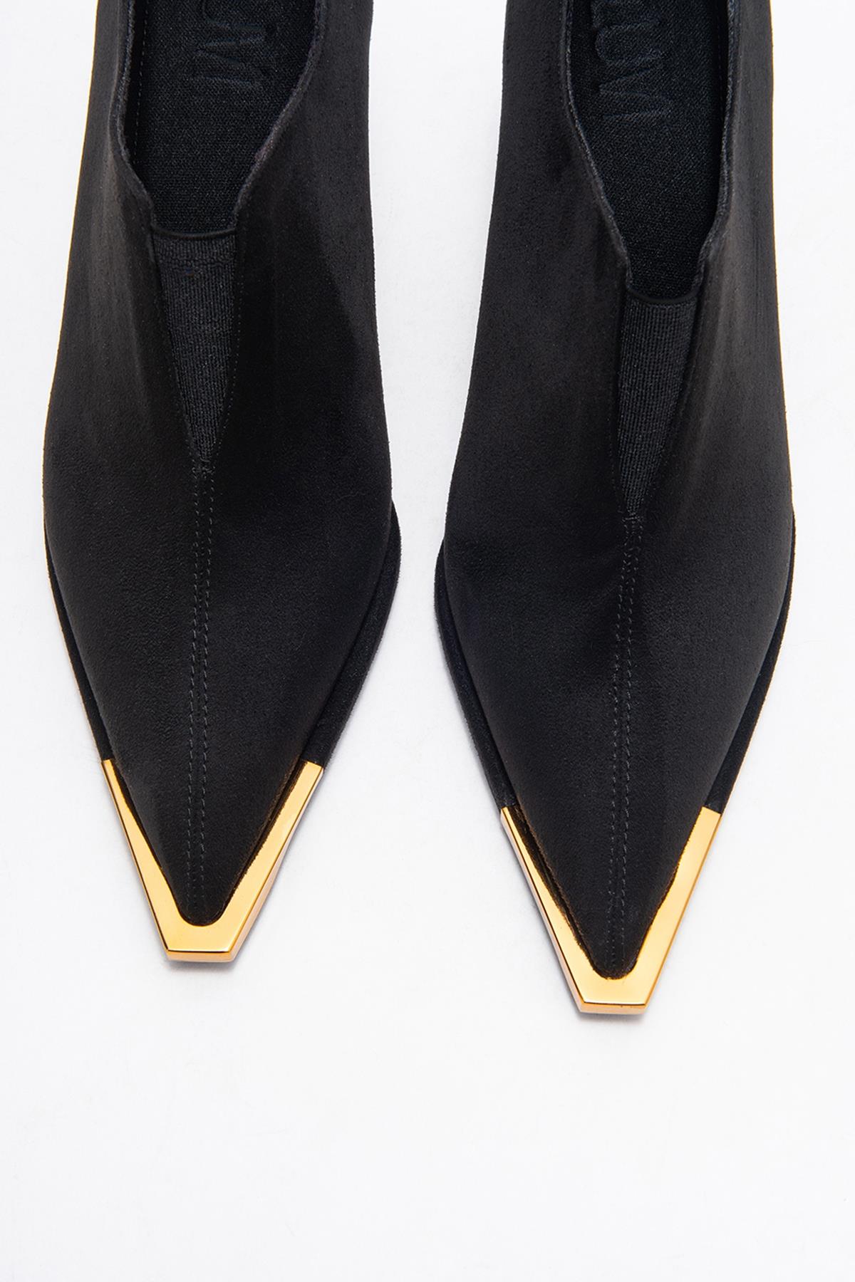 Niva - Black Suede Gold-Detail Elastic Ankle-Heeled Shoe – side view showing velvet, suede, black, Vowalisse