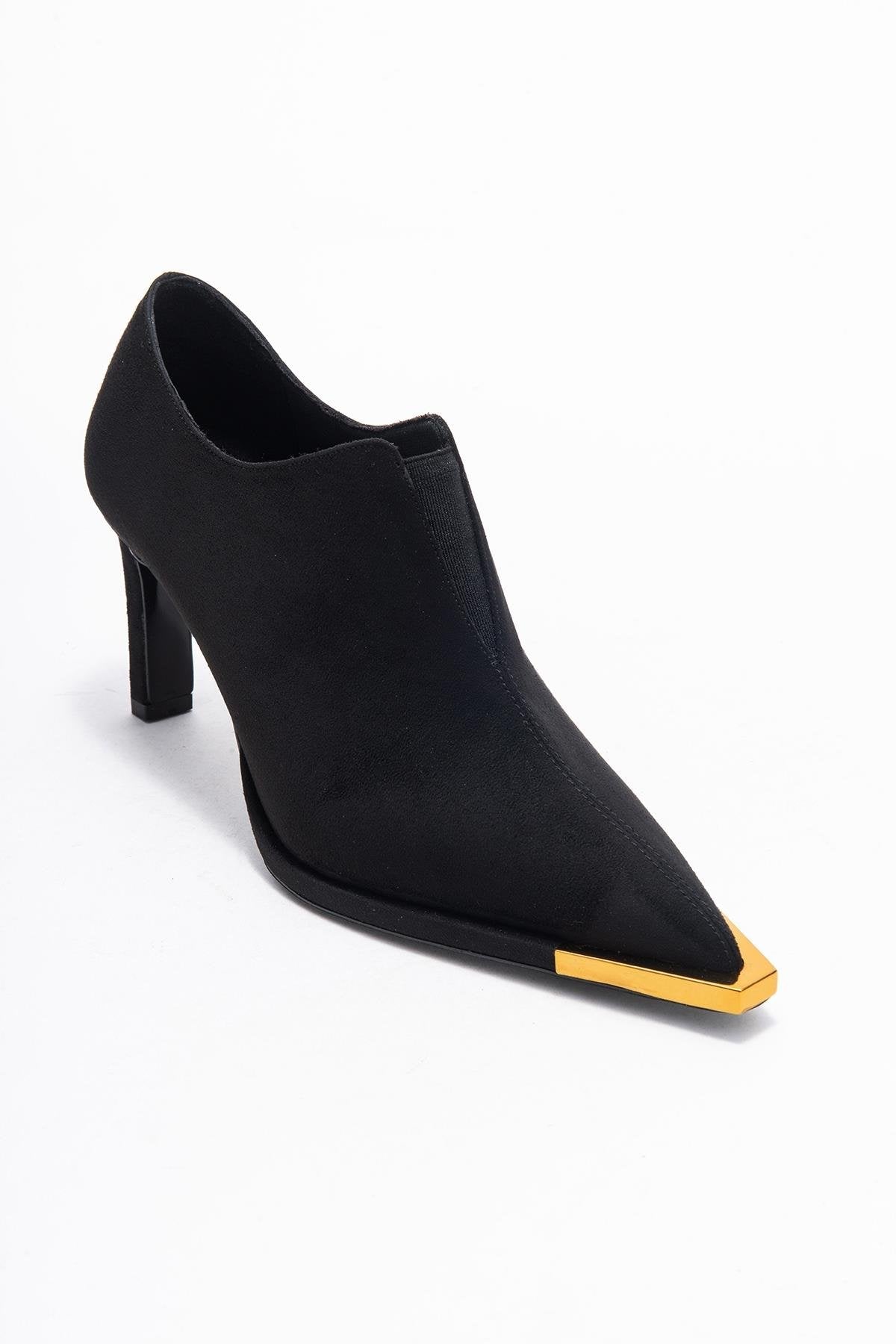 Niva - Black Suede Gold-Detail Elastic Ankle-Heeled Shoe – detail view showing velvet, suede, black, Vowalisse