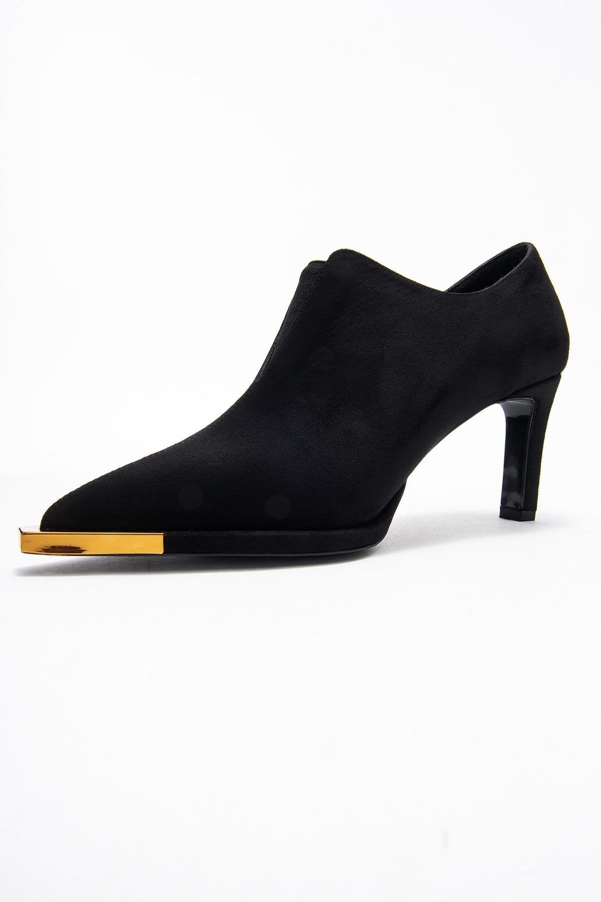 Niva - Black Suede Gold-Detail Elastic Ankle-Heeled Shoe – heel view showing velvet, suede, black, Vowalisse
