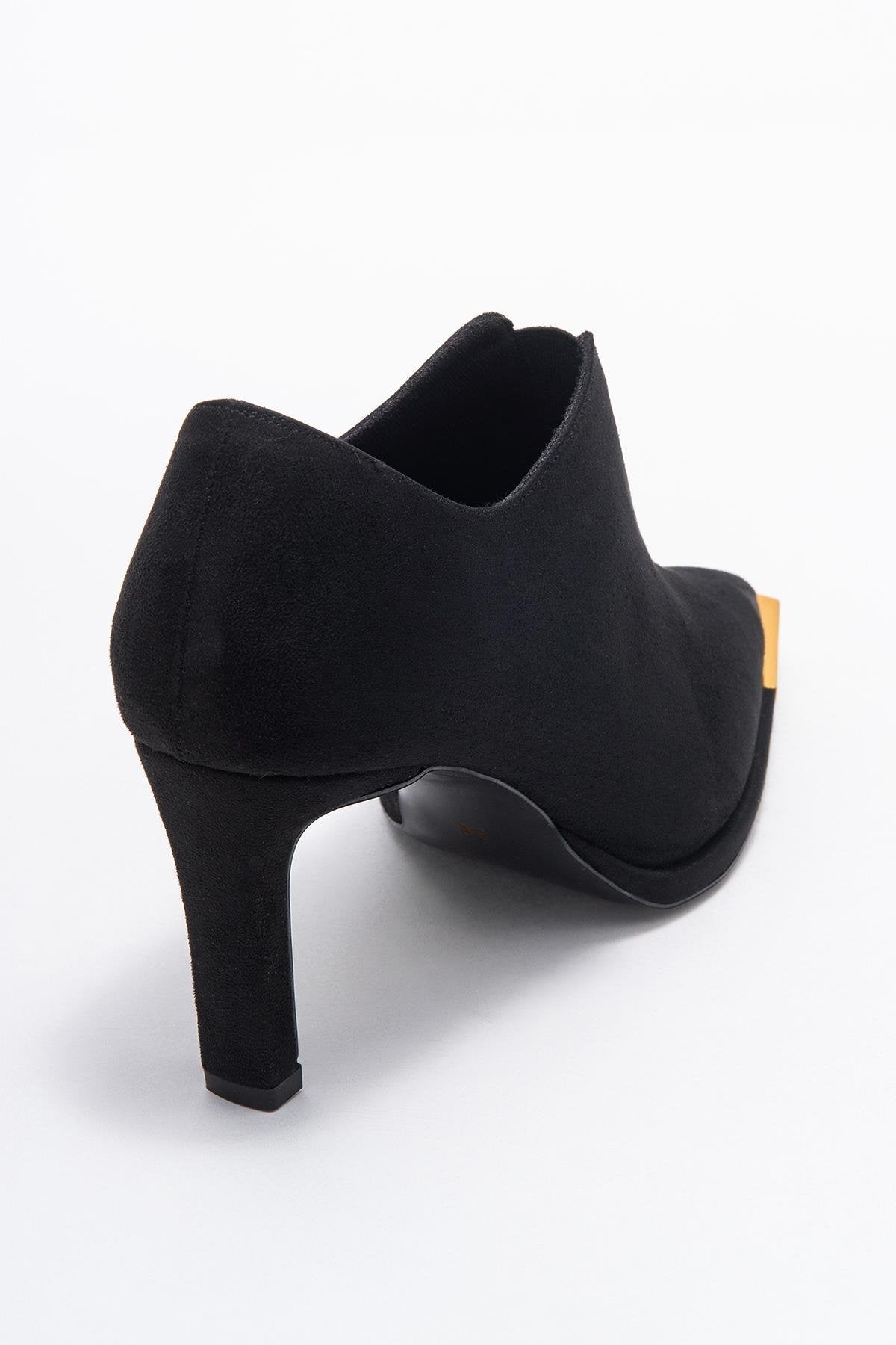 Niva - Black Suede Gold-Detail Elastic Ankle-Heeled Shoe – back view showing velvet, suede, black, Vowalisse