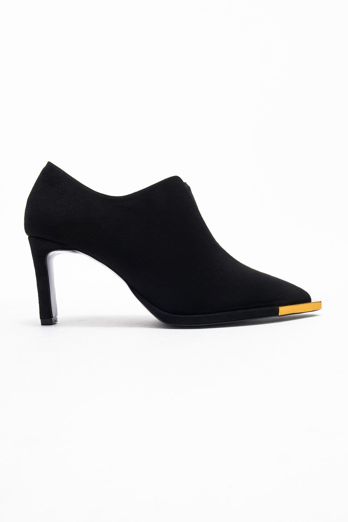Niva - Black Suede Gold-Detail Elastic Ankle-Heeled Shoe – top view showing velvet, suede, black, Vowalisse