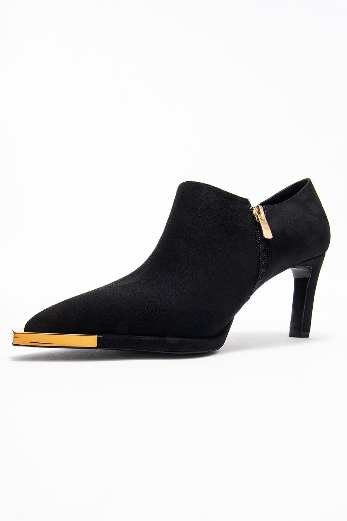 Sona - Black Ankle-Heel Shoe – heel view showing suede, black, Vowalisse