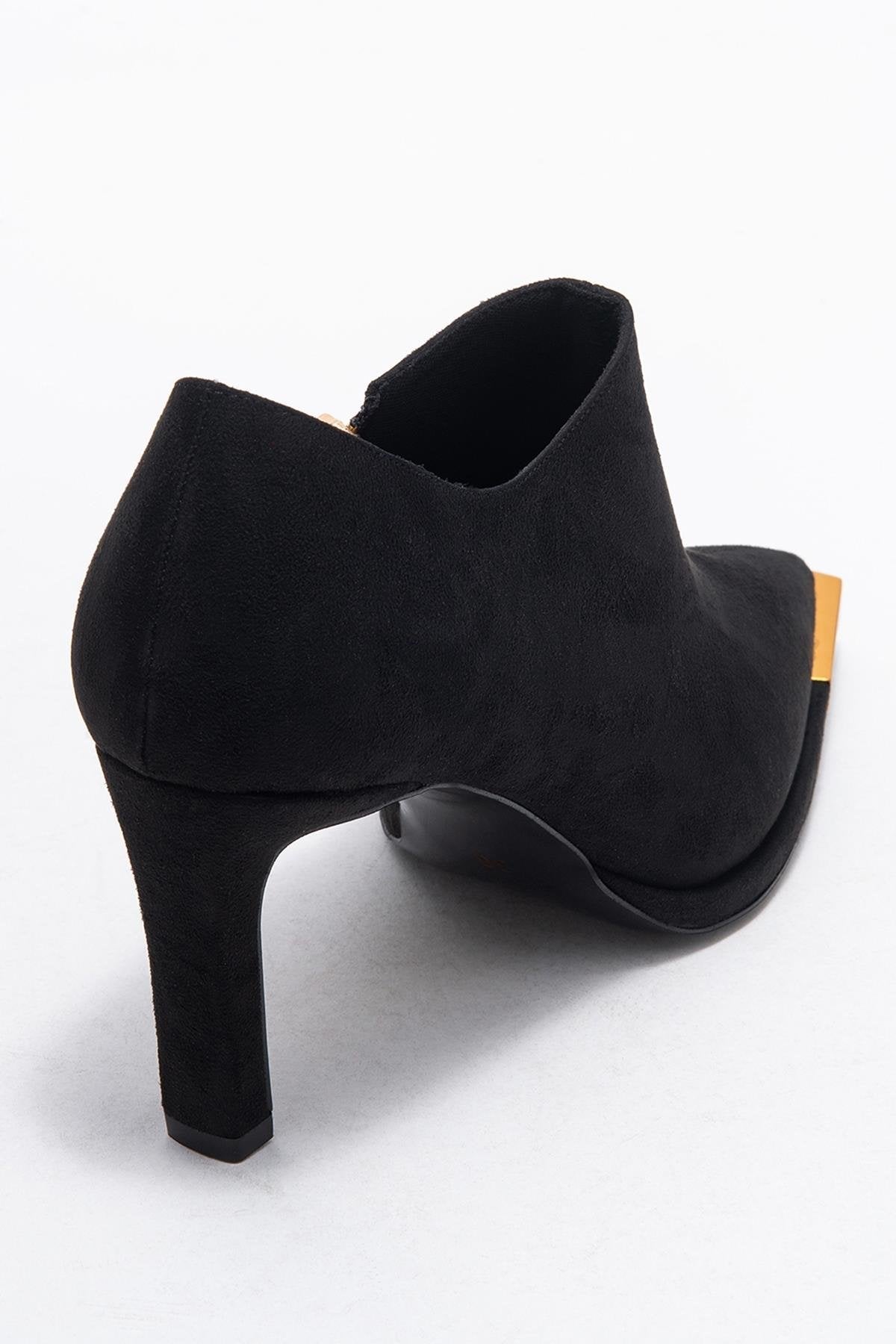 Sona - Black Ankle-Heel Shoe – back view showing suede, black, Vowalisse