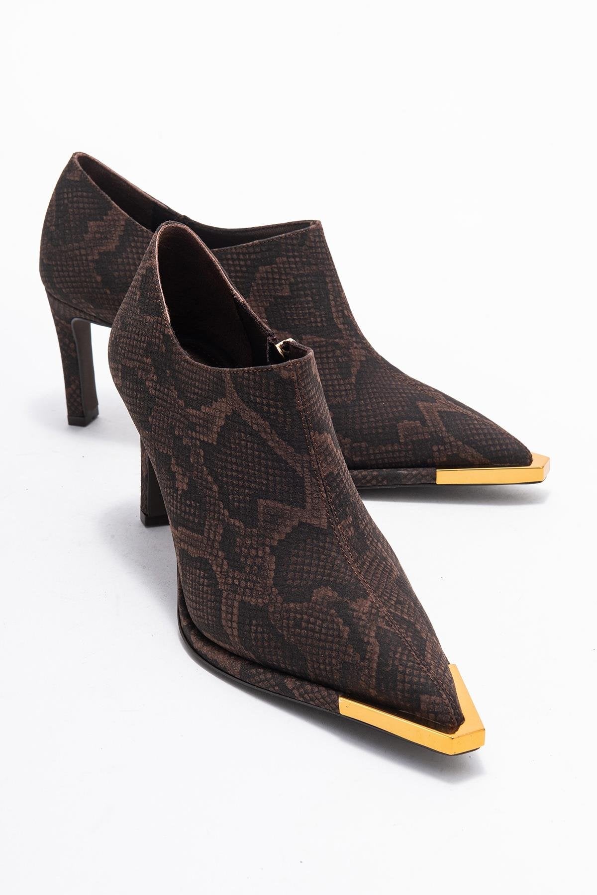 Sona - Brown Patterned Ankle-Heel Shoe – front three-quarter view showing leather, metallic, Vowalisse