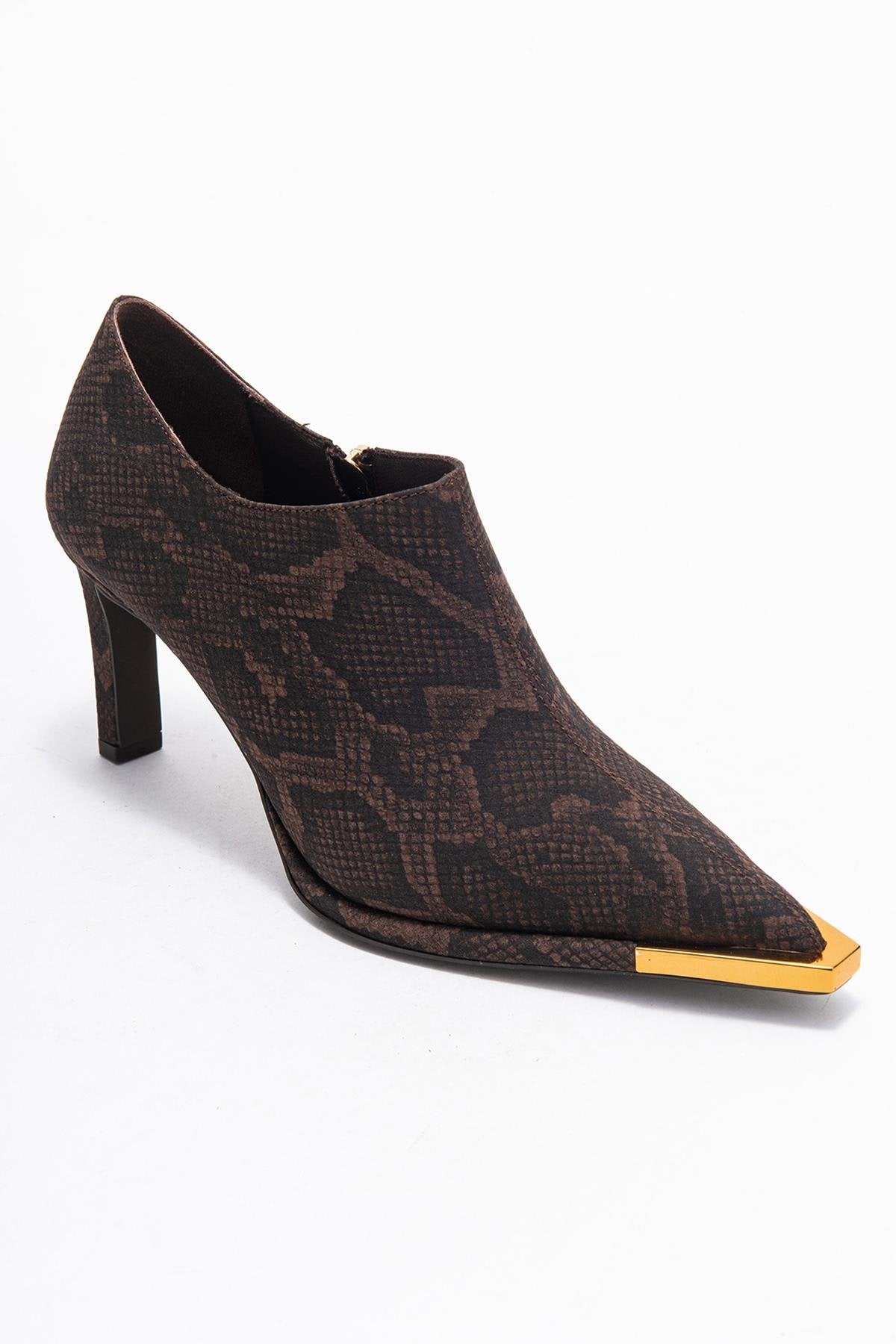 Sona - Brown Patterned Ankle-Heel Shoe – detail view showing leather, metallic, Vowalisse