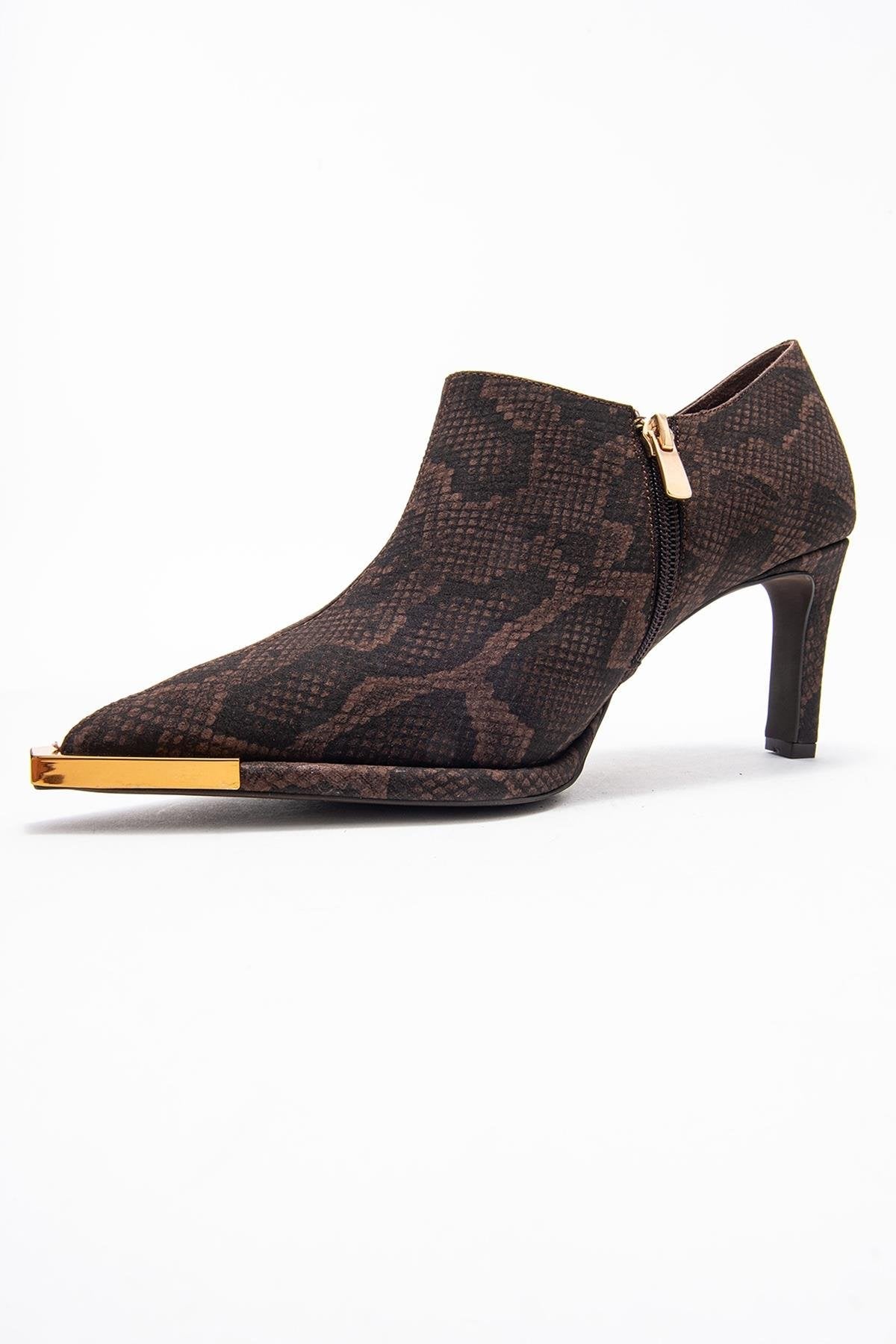 Sona - Brown Patterned Ankle-Heel Shoe – heel view showing leather, metallic, Vowalisse