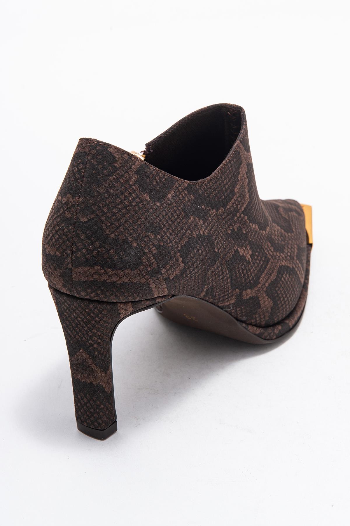Sona - Brown Patterned Ankle-Heel Shoe – back view showing leather, metallic, Vowalisse