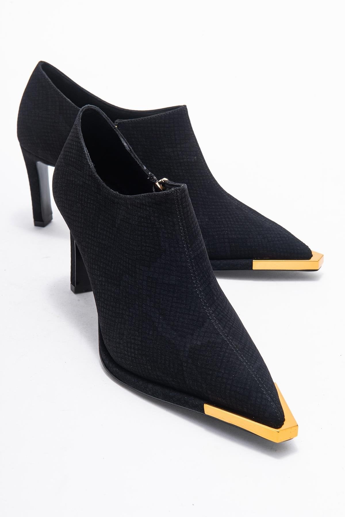 Sona - Black Patterned Ankle-Heel Shoe – front three-quarter view showing leather, black, Vowalisse
