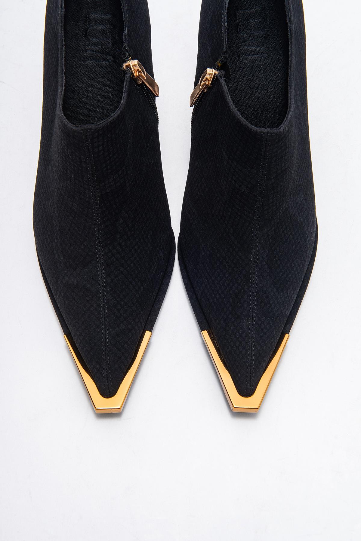 Sona - Black Patterned Ankle-Heel Shoe – side view showing leather, black, Vowalisse