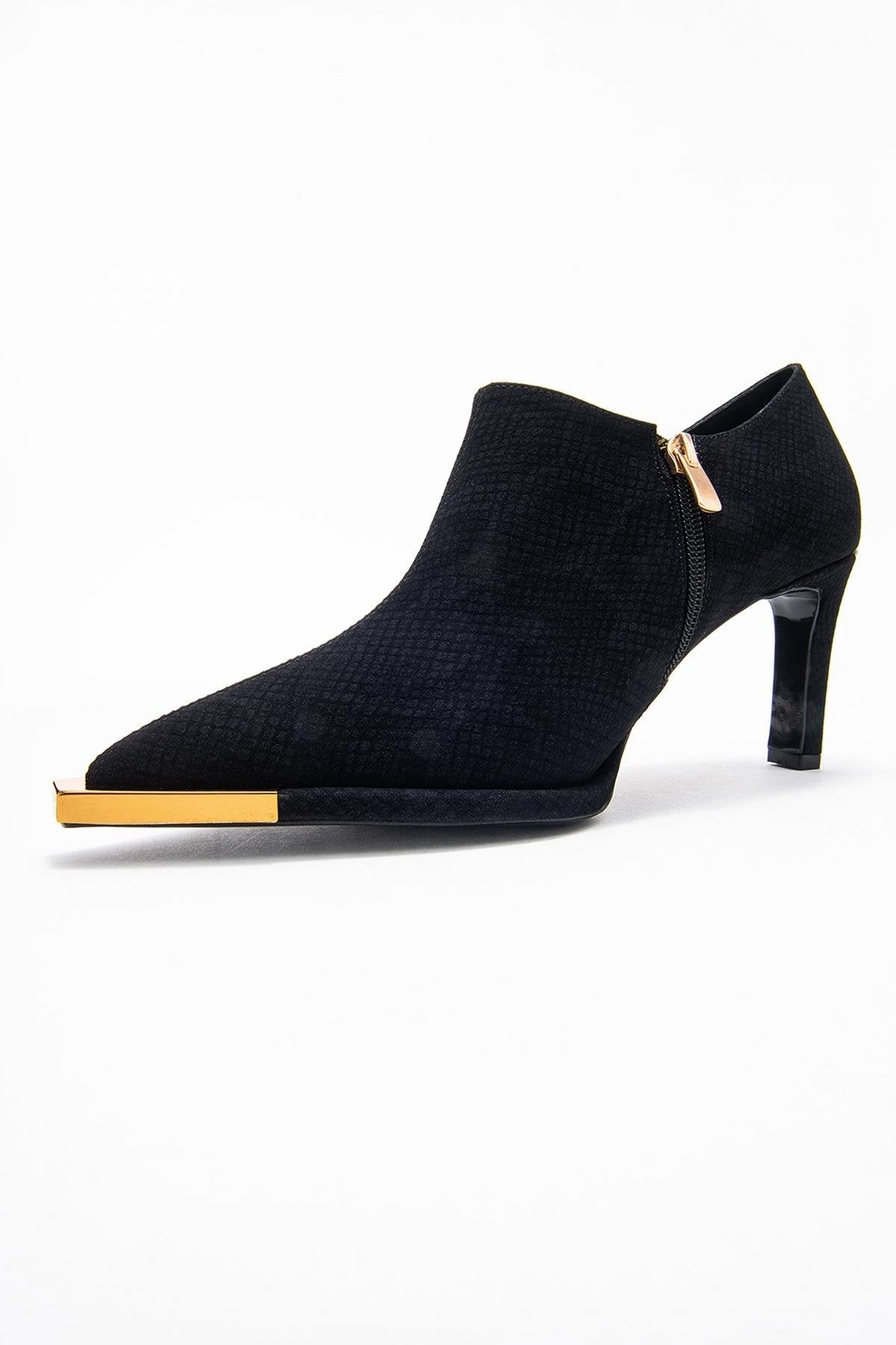 Sona - Black Patterned Ankle-Heel Shoe – detail view showing leather, black, Vowalisse