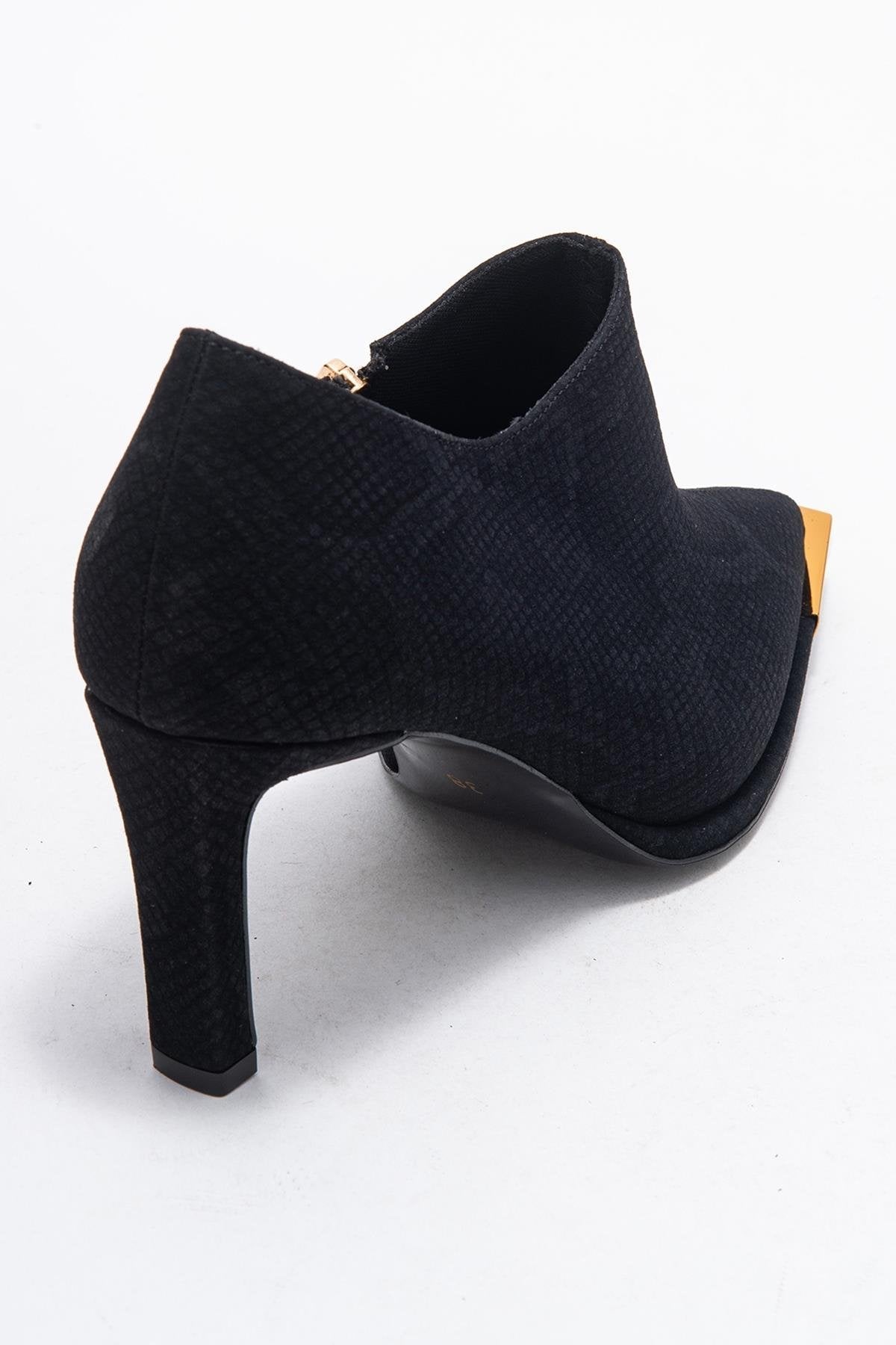 Sona - Black Patterned Ankle-Heel Shoe – back view showing leather, black, Vowalisse
