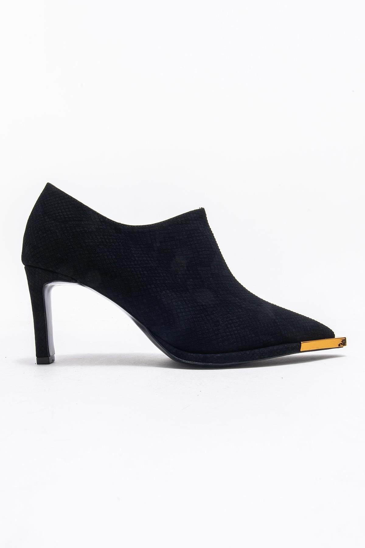 Sona - Black Patterned Ankle-Heel Shoe – top view showing leather, black, Vowalisse