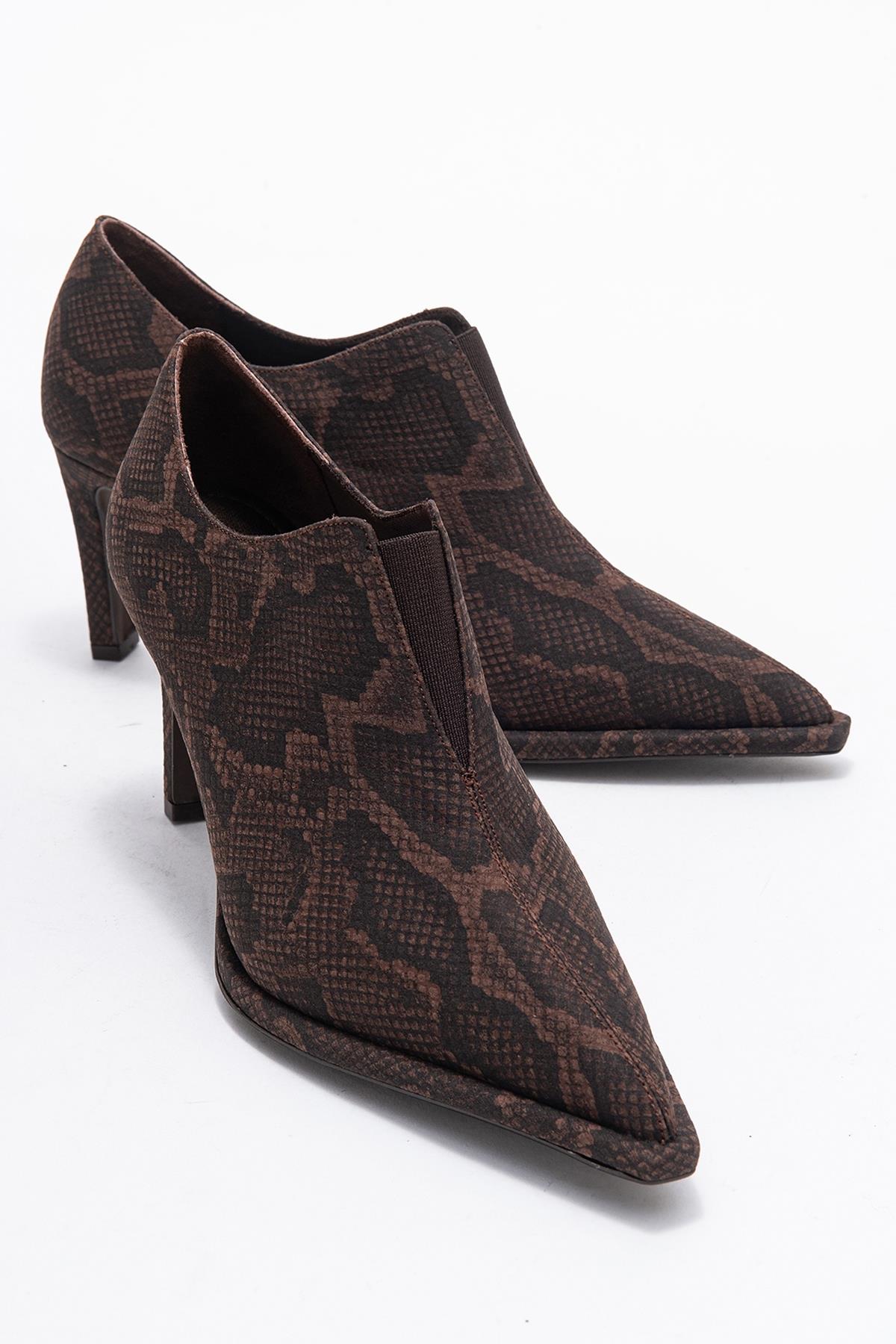 Alya - Brown Patterned Ankle-Heel Shoe – front three-quarter view showing leather, Vowalisse