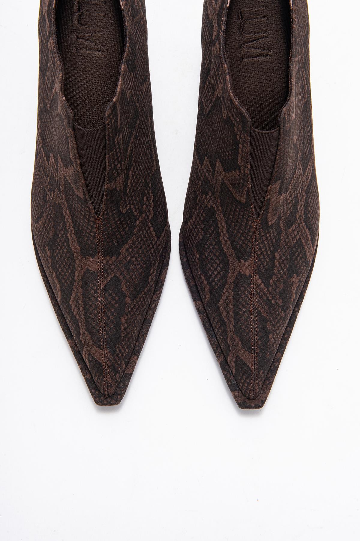 Alya - Brown Patterned Ankle-Heel Shoe – side view showing leather, Vowalisse
