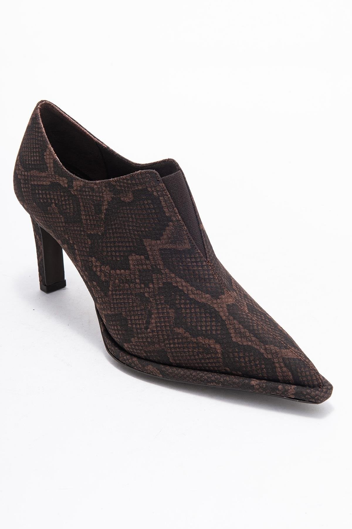 Alya - Brown Patterned Ankle-Heel Shoe – detail view showing leather, Vowalisse
