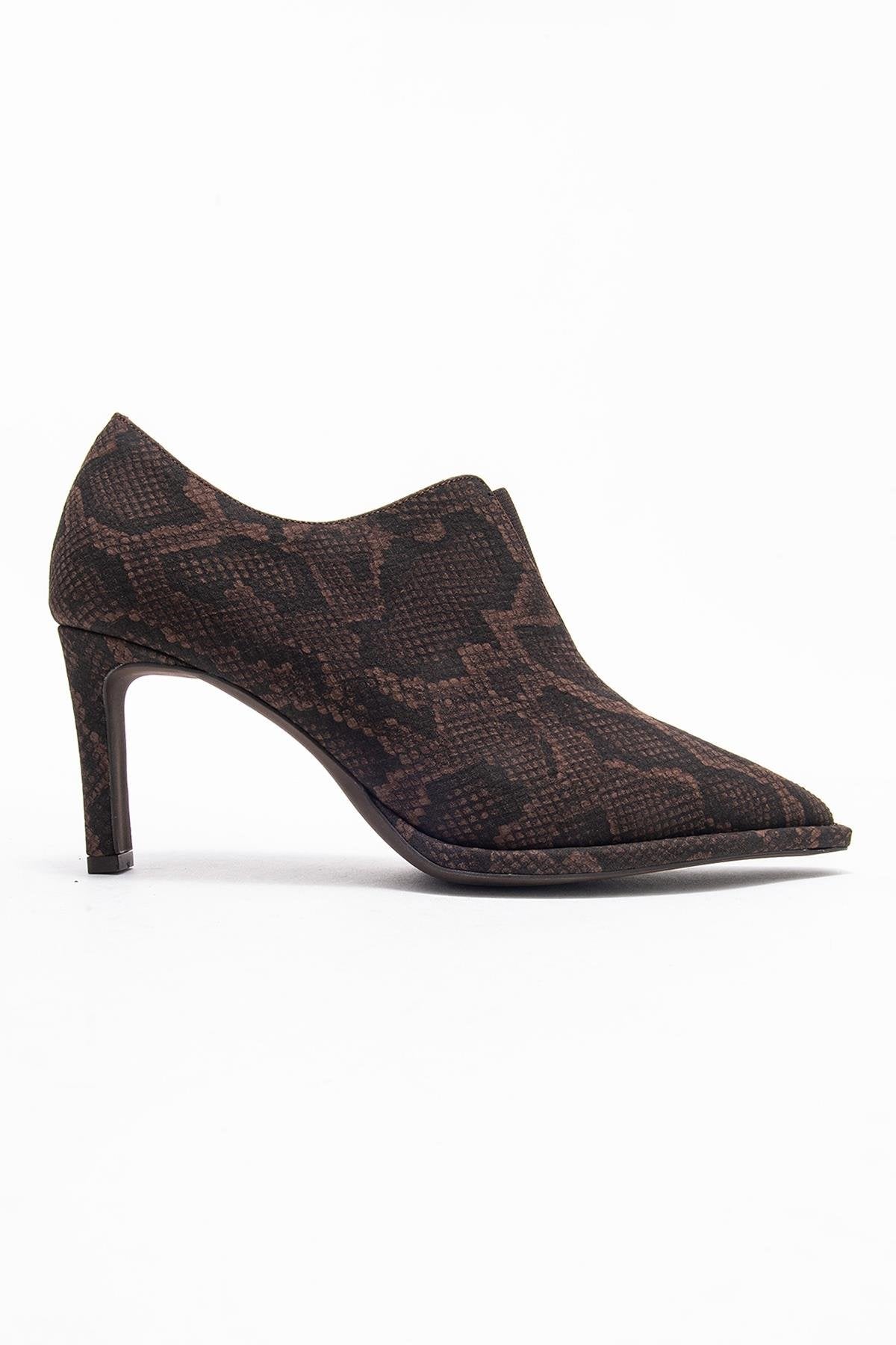Alya - Brown Patterned Ankle-Heel Shoe – top view showing leather, Vowalisse