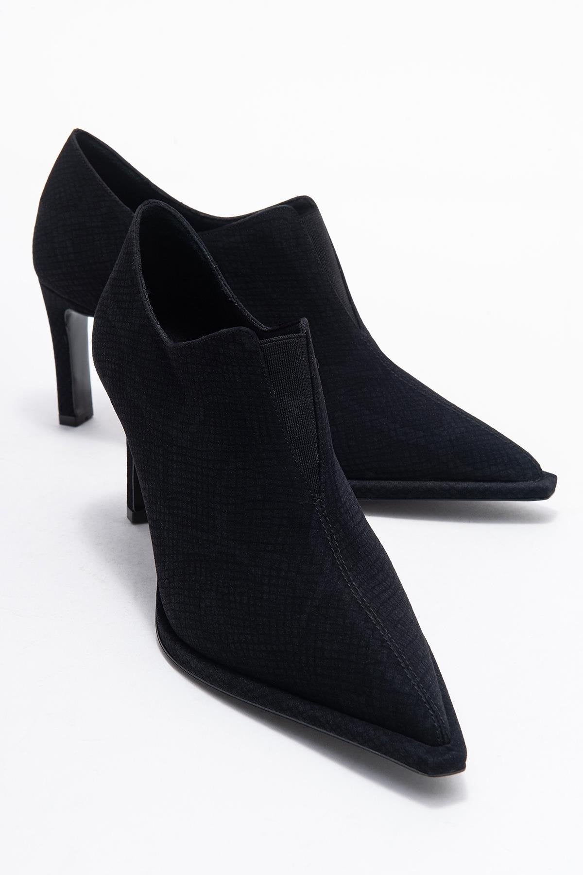 Alya - Black Patterned Elastic Ankle Stiletto Pump – front three-quarter view showing leather, black, Vowalisse