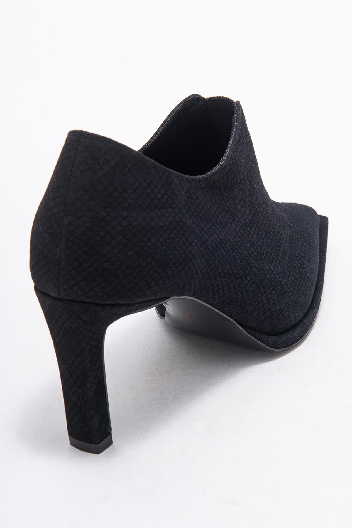 Alya - Black Patterned Elastic Ankle Stiletto Pump – back view showing leather, black, Vowalisse