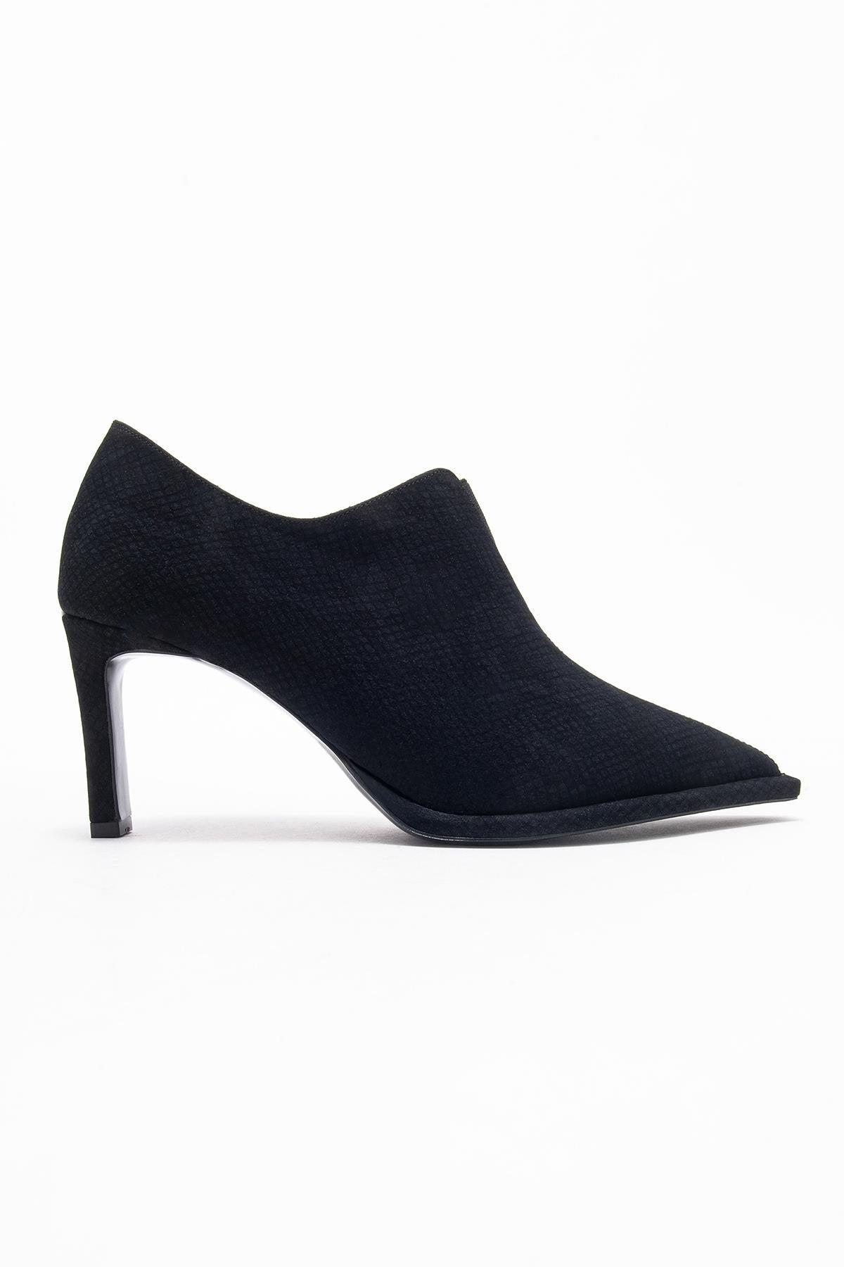 Alya - Black Patterned Elastic Ankle Stiletto Pump – top view showing leather, black, Vowalisse