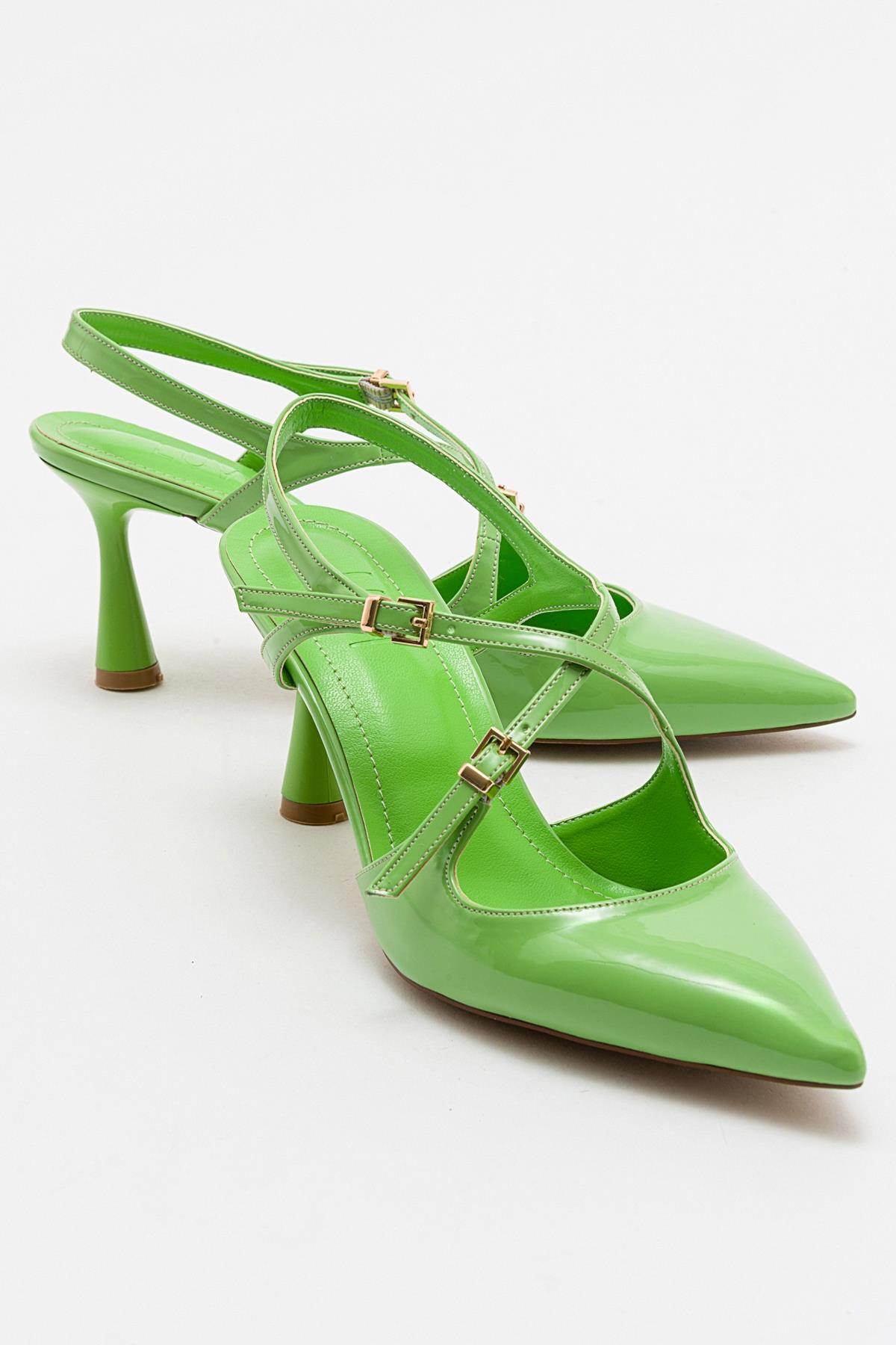 Coje - Pistachio Patent Pointed Toe Stiletto Pump – front three-quarter view showing leather, Vowalisse
