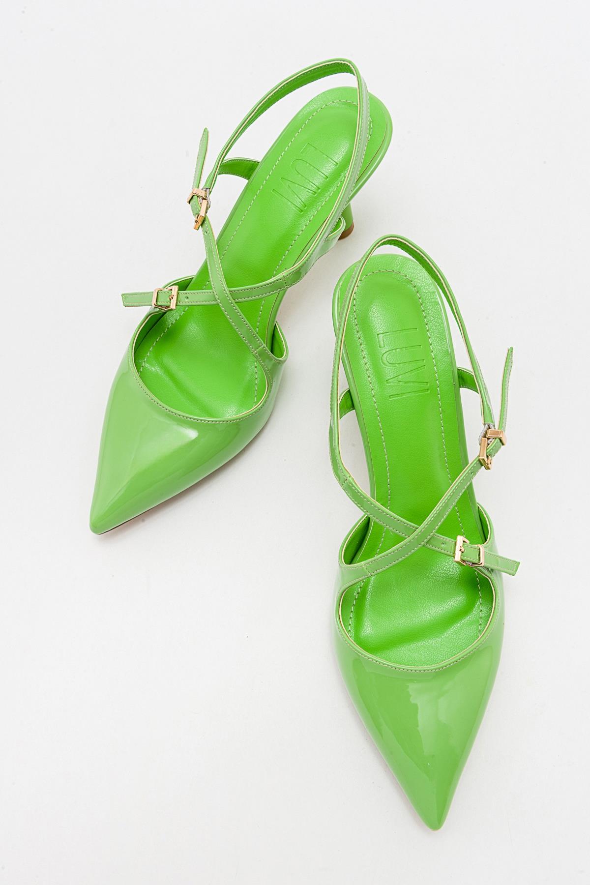 Coje - Pistachio Patent Pointed Toe Stiletto Pump – side view showing leather, Vowalisse