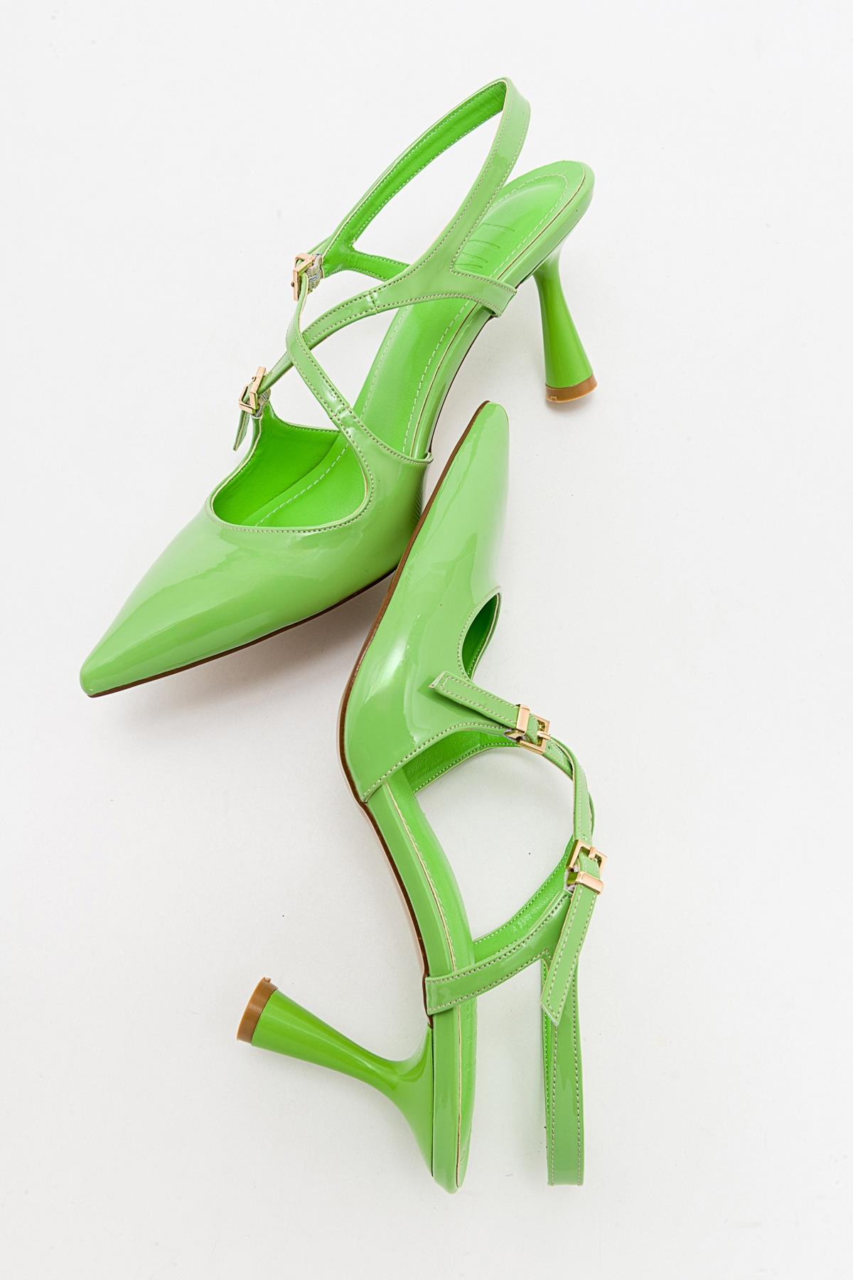 Coje - Pistachio Patent Pointed Toe Stiletto Pump – detail view showing leather, Vowalisse