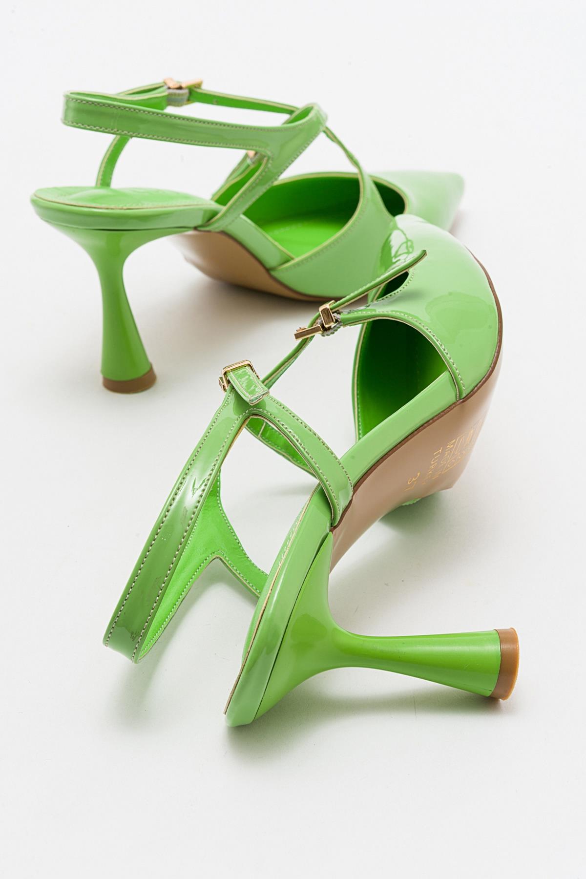 Coje - Pistachio Patent Pointed Toe Stiletto Pump – heel view showing leather, Vowalisse