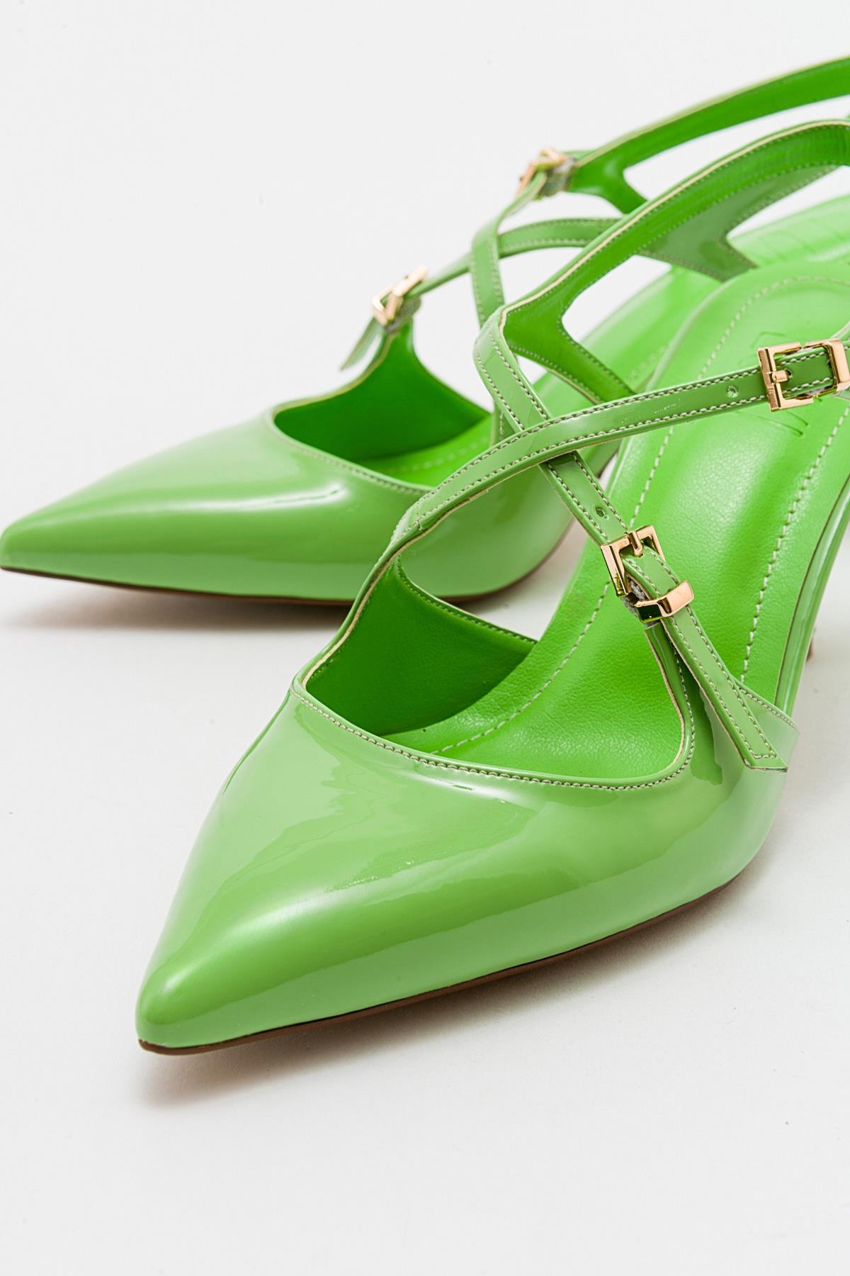 Coje - Pistachio Patent Pointed Toe Stiletto Pump – back view showing leather, Vowalisse