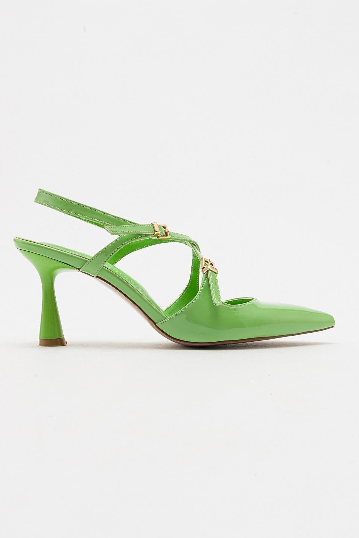 Coje - Pistachio Patent Pointed Toe Stiletto Pump – top view showing leather, Vowalisse