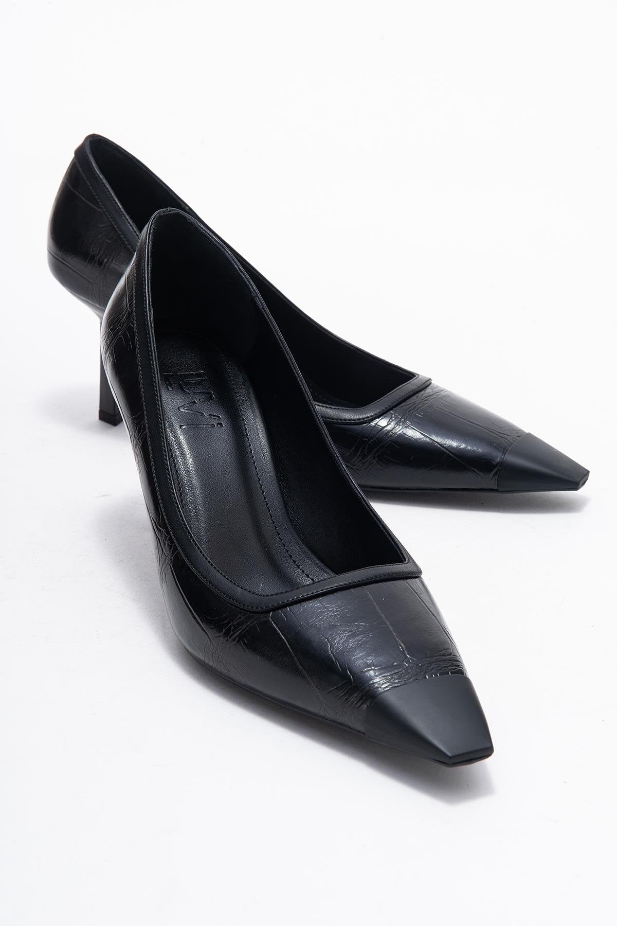 Rona - Black Printed Pointed Toe Stiletto Pump – front three-quarter view showing leather, black, red, Vowalisse