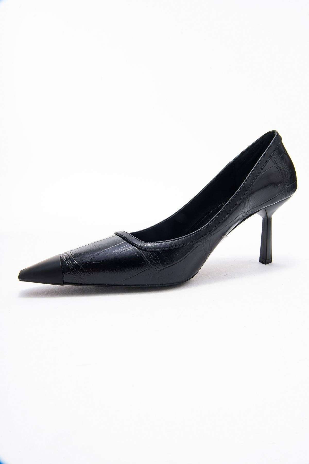 Rona - Black Printed Pointed Toe Stiletto Pump – heel view showing leather, black, red, Vowalisse