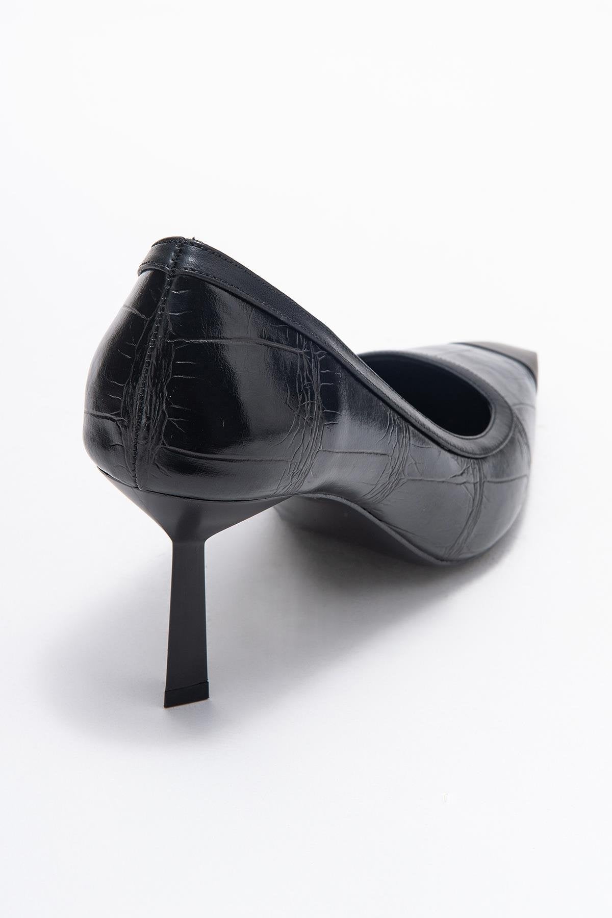 Rona - Black Printed Pointed Toe Stiletto Pump – back view showing leather, black, red, Vowalisse