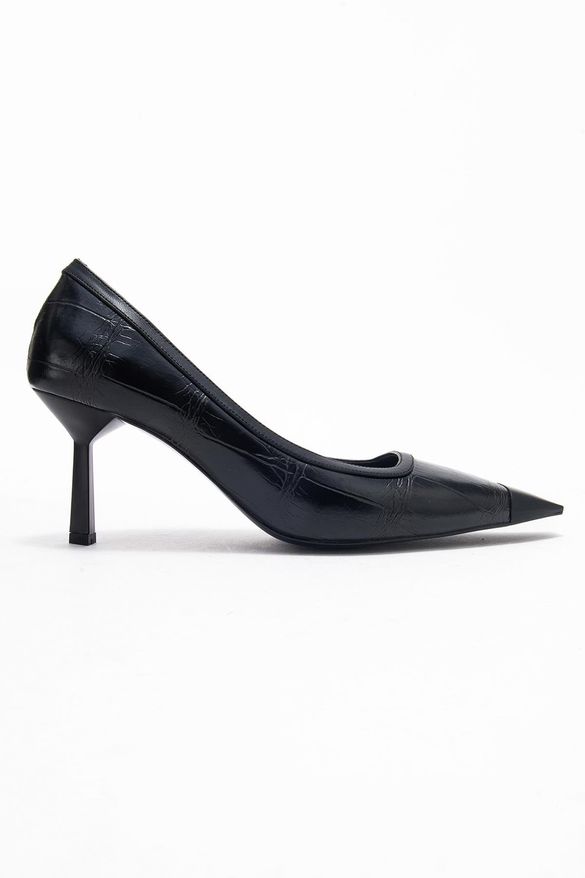 Rona - Black Printed Pointed Toe Stiletto Pump – top view showing leather, black, red, Vowalisse