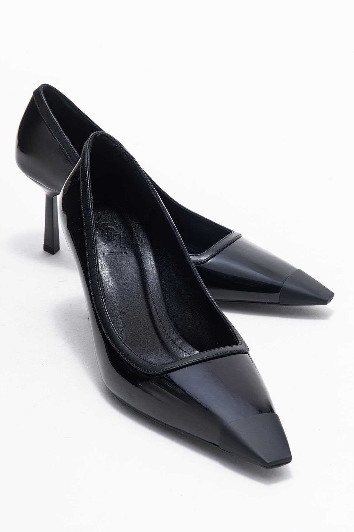 Rona - Black Patent Pointed Toe Stiletto Pump – front three-quarter view showing leather, black, Vowalisse