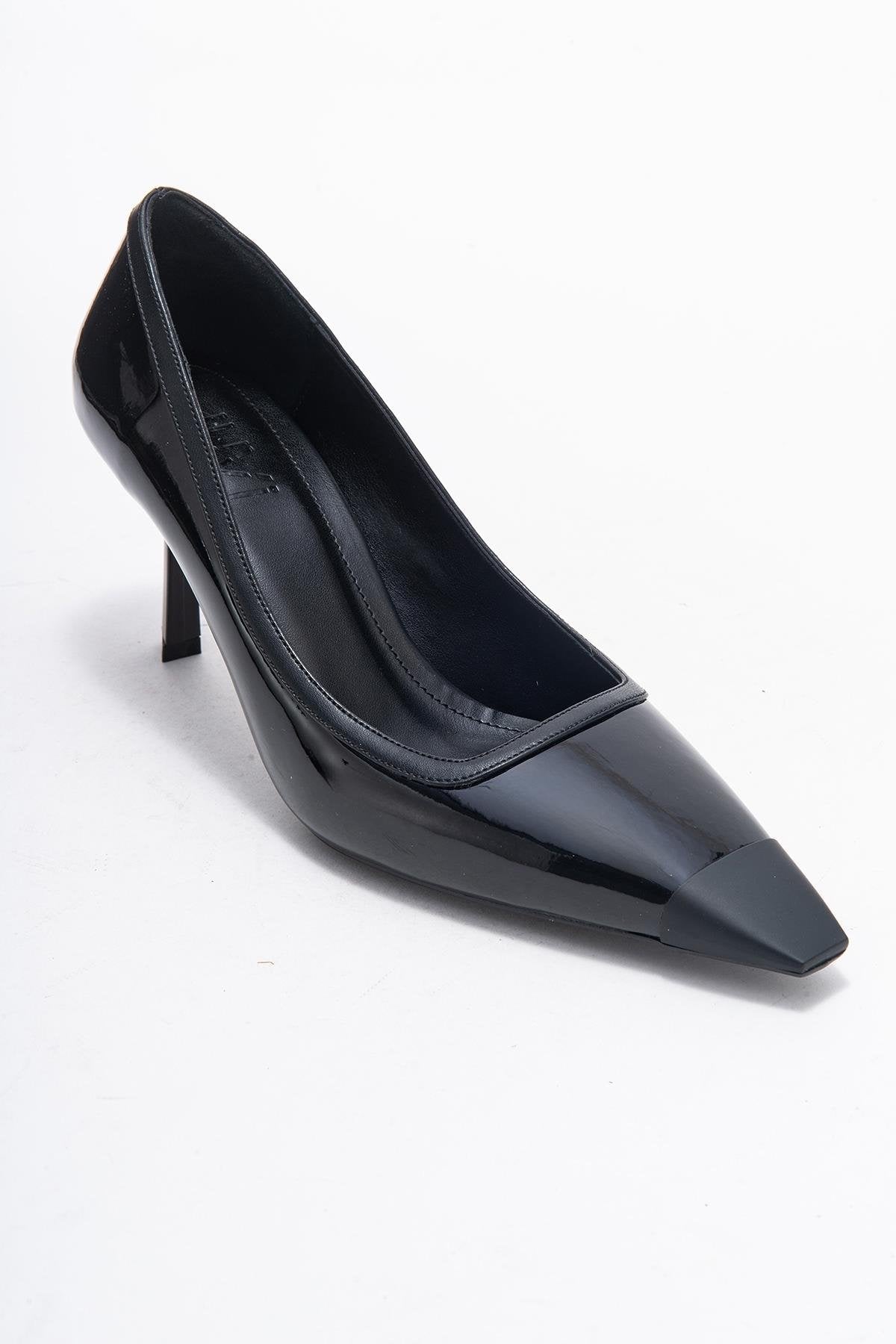 Rona - Black Patent Pointed Toe Stiletto Pump – detail view showing leather, black, Vowalisse