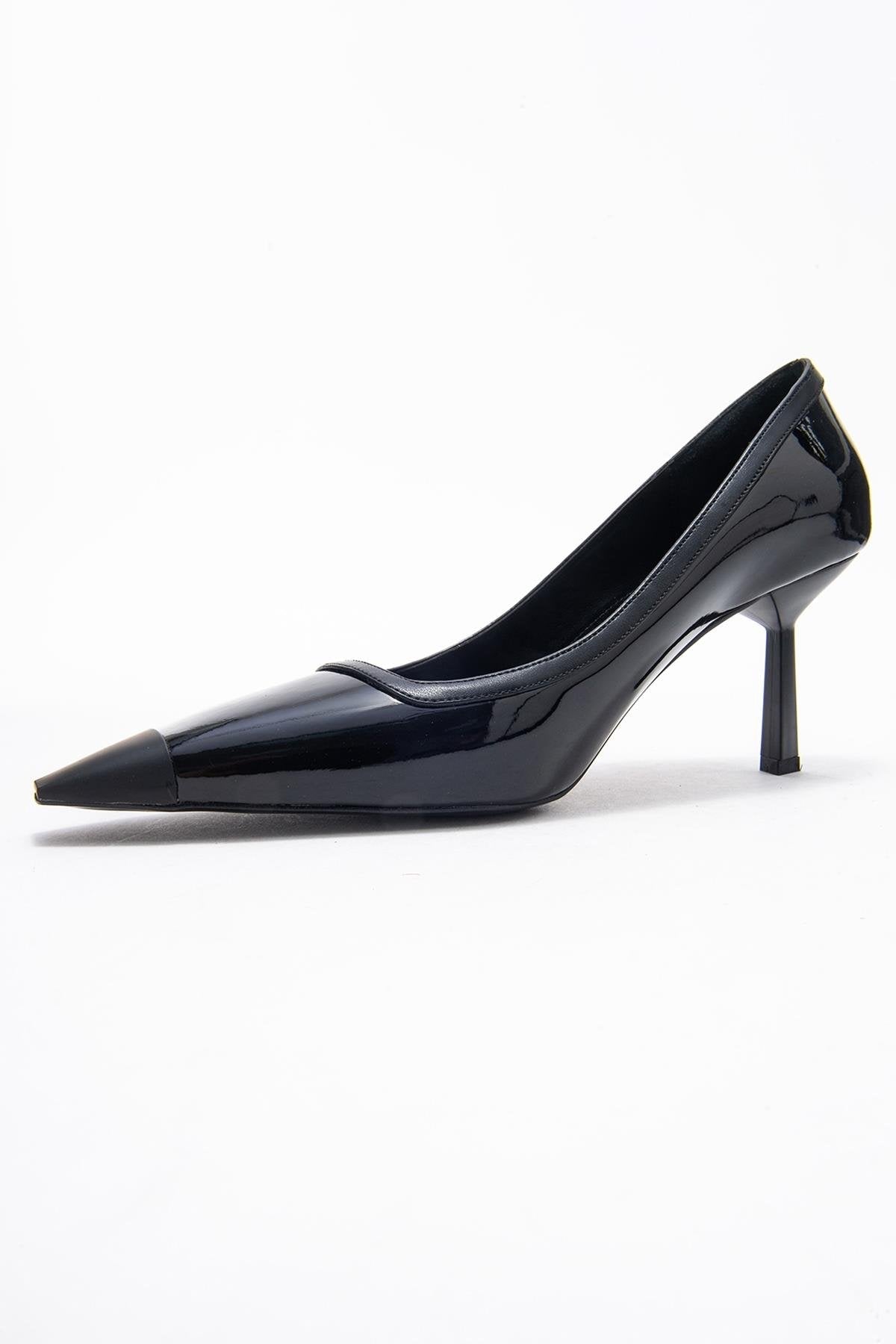 Rona - Black Patent Pointed Toe Stiletto Pump – heel view showing leather, black, Vowalisse