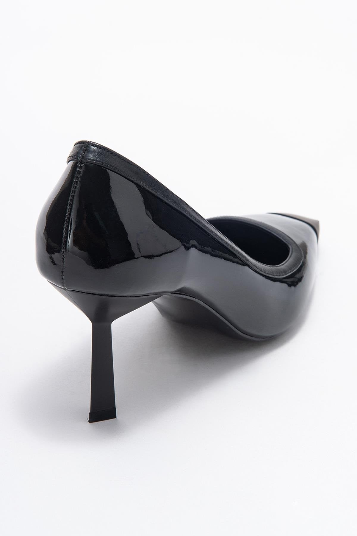 Rona - Black Patent Pointed Toe Stiletto Pump – back view showing leather, black, Vowalisse