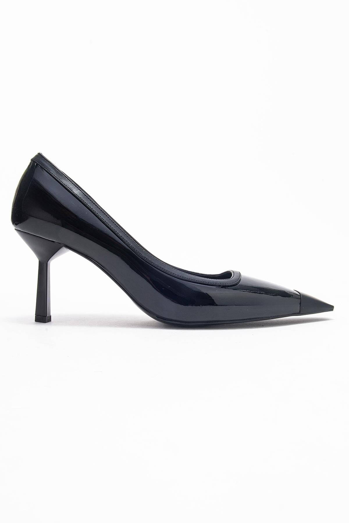 Rona - Black Patent Pointed Toe Stiletto Pump – top view showing leather, black, Vowalisse
